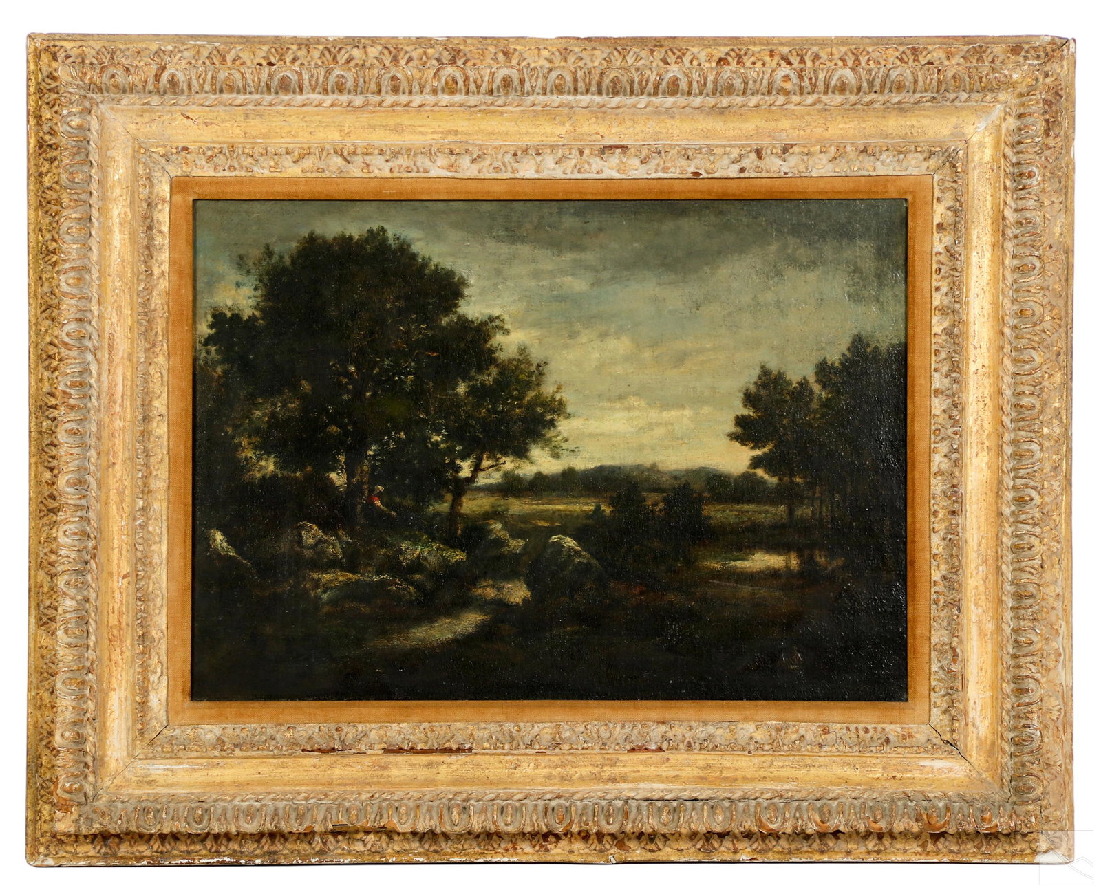 20C. Antique Old World Tonalist Landscape Painting: Mystery Artist (20th Century). An original oil painting on canvas. A figural landscape work painted in the Old World Tonalist style with large trees against a hilly and rocky background, and a male fi