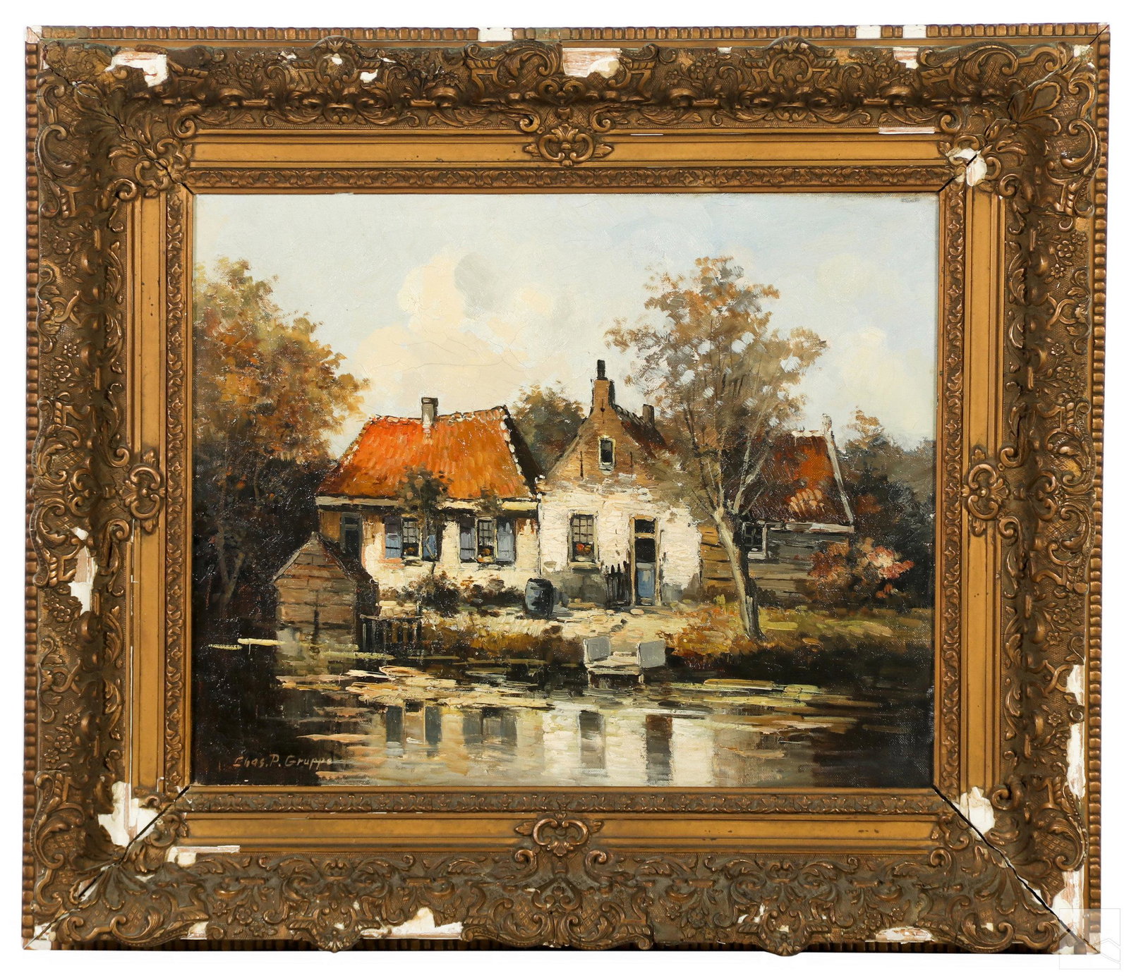 Charles Paul Gruppe 1860-1940 Landscape Painting: Charles Paul Gruppe (Canadian American, 1860-1940). An original oil painting on canvas. A rural architectural landscape, painted in the style of the 19th Century Hague School (Netherlands), depicting 
