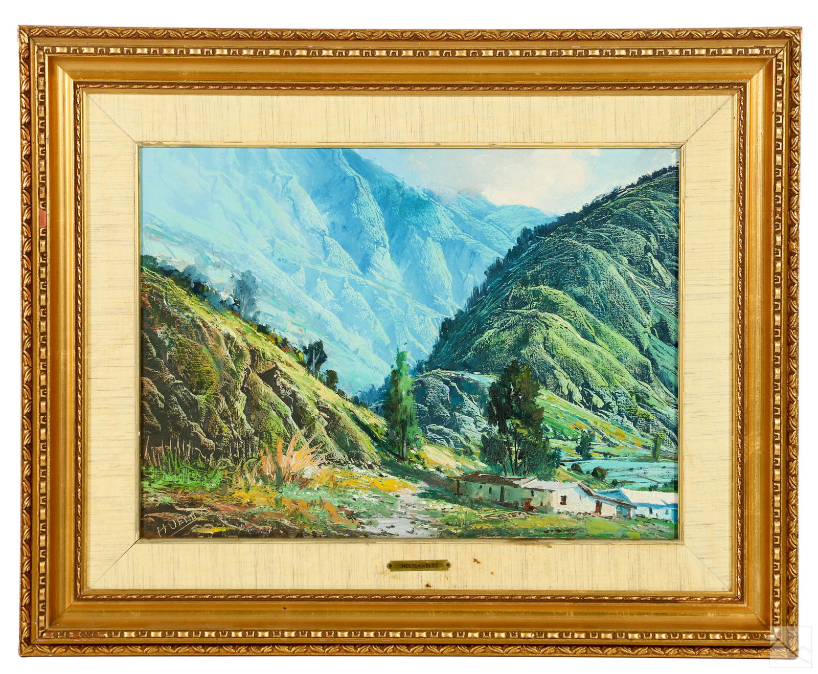 Hector Veloz b.1931 Mountain Landscape Painting: Hector Veloz (Uruguayan, born 1931). An original oil painting on board. A lush rural South American mountain landscape with central trees flanking architectural elements. Artist signed lower left. Pre