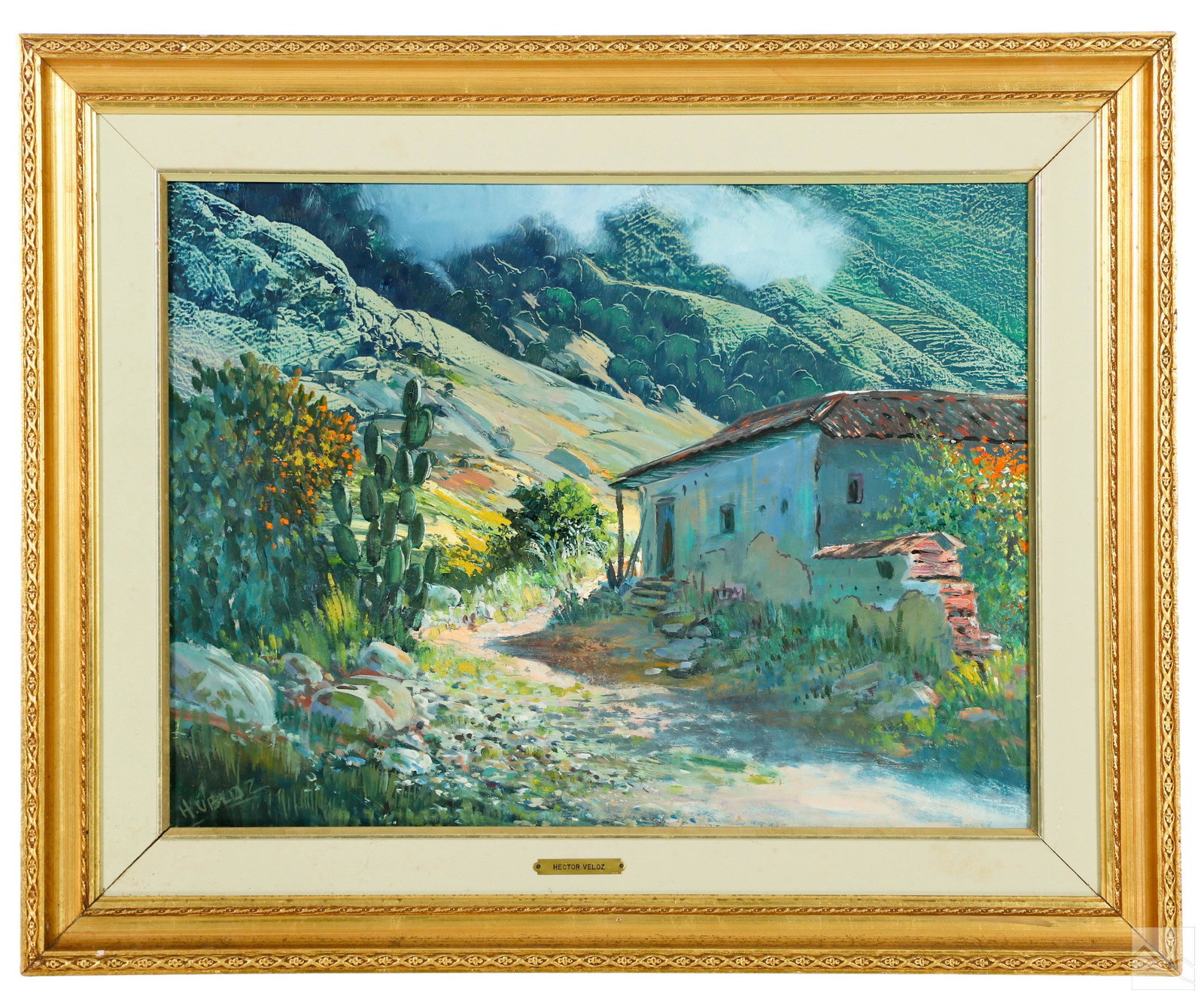 Hector Veloz b.1931 Rural Landscape Oil Painting: Hector Veloz (Uruguayan, born 1931). An original oil painting on board. A lush rural South American mountain landscape with cacti, underbrush, and architectural elements. Artist signed lower left. Pre