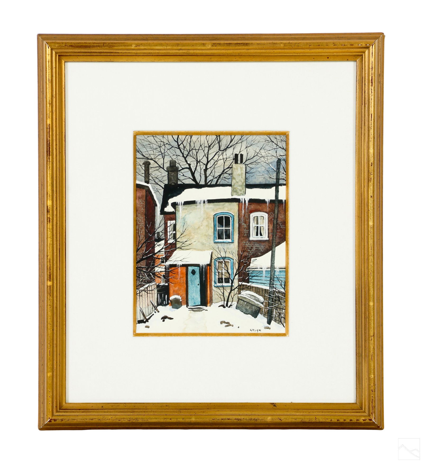 John Kasyn 1926-2008 Toronto Landscape WC Painting: John Kasyn (Polish Canadian, 1926-2008). An original watercolor painting on paper. Titled, "Backyard on Oak Street' (Toronto, Ontario). A Canadian winter city landscape with architectural elements, tr