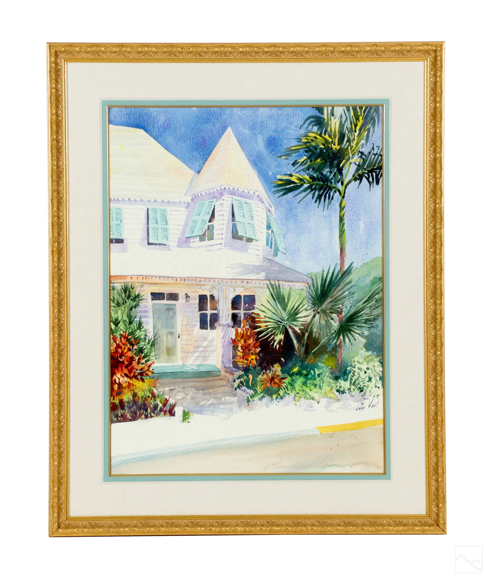 Peter Vey b.1957 Architectural Landscape Painting: Peter Vey (American, born 1957). An original watercolor painting on paper. Titled, "Key West." A Florida landscape featuring a central house designed in the region's mixed architectural style of Colon