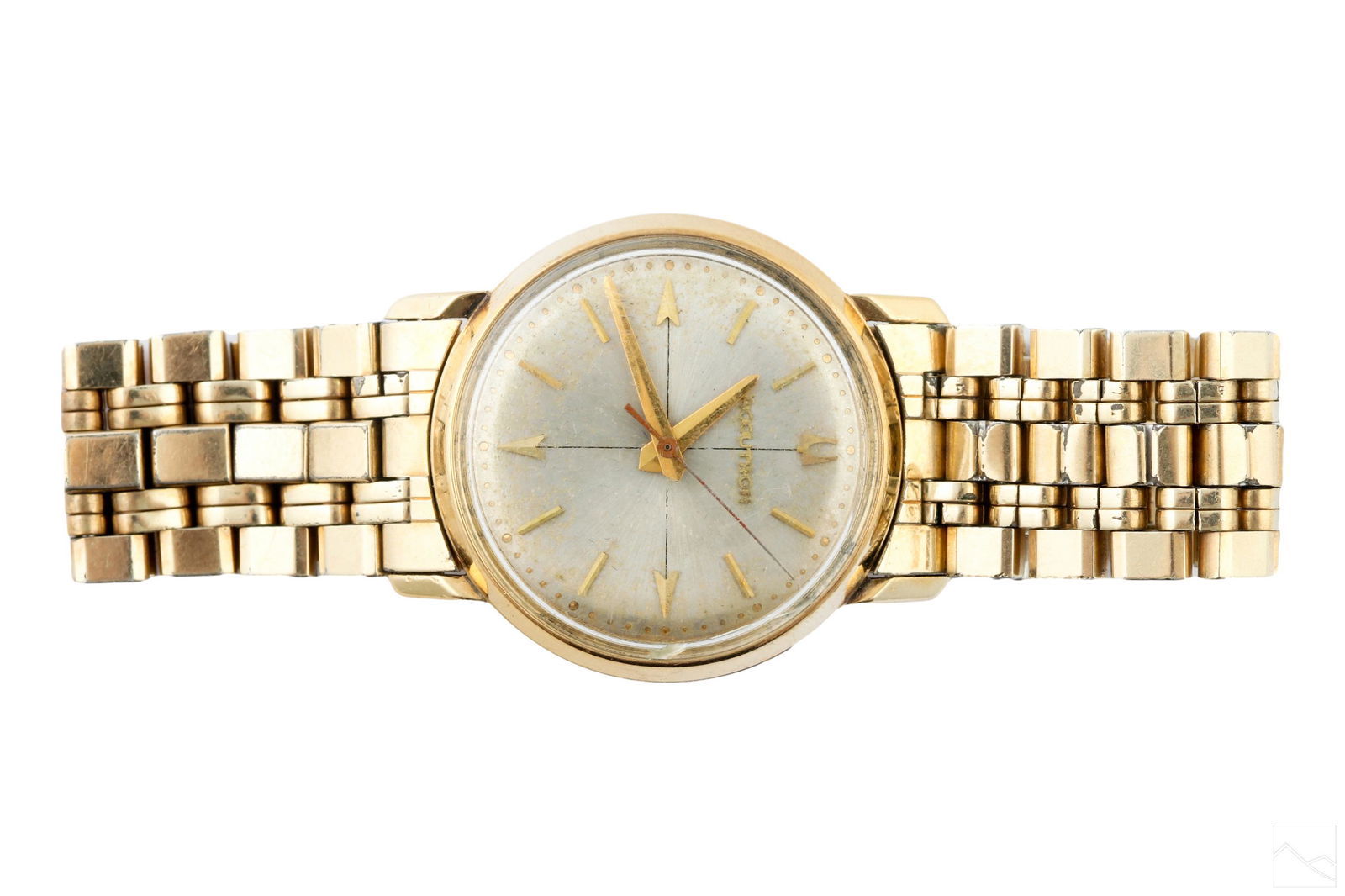 Bulova Accutron 14K GF Swiss Sunburst Wristwatch: A vintage men's Bulova Swiss Accutron wrist watch. Features a round gold filled case measuring approximately 30mm wide. Dial is a silver sunburst with gold indicators. Comes with adjustable mesh band