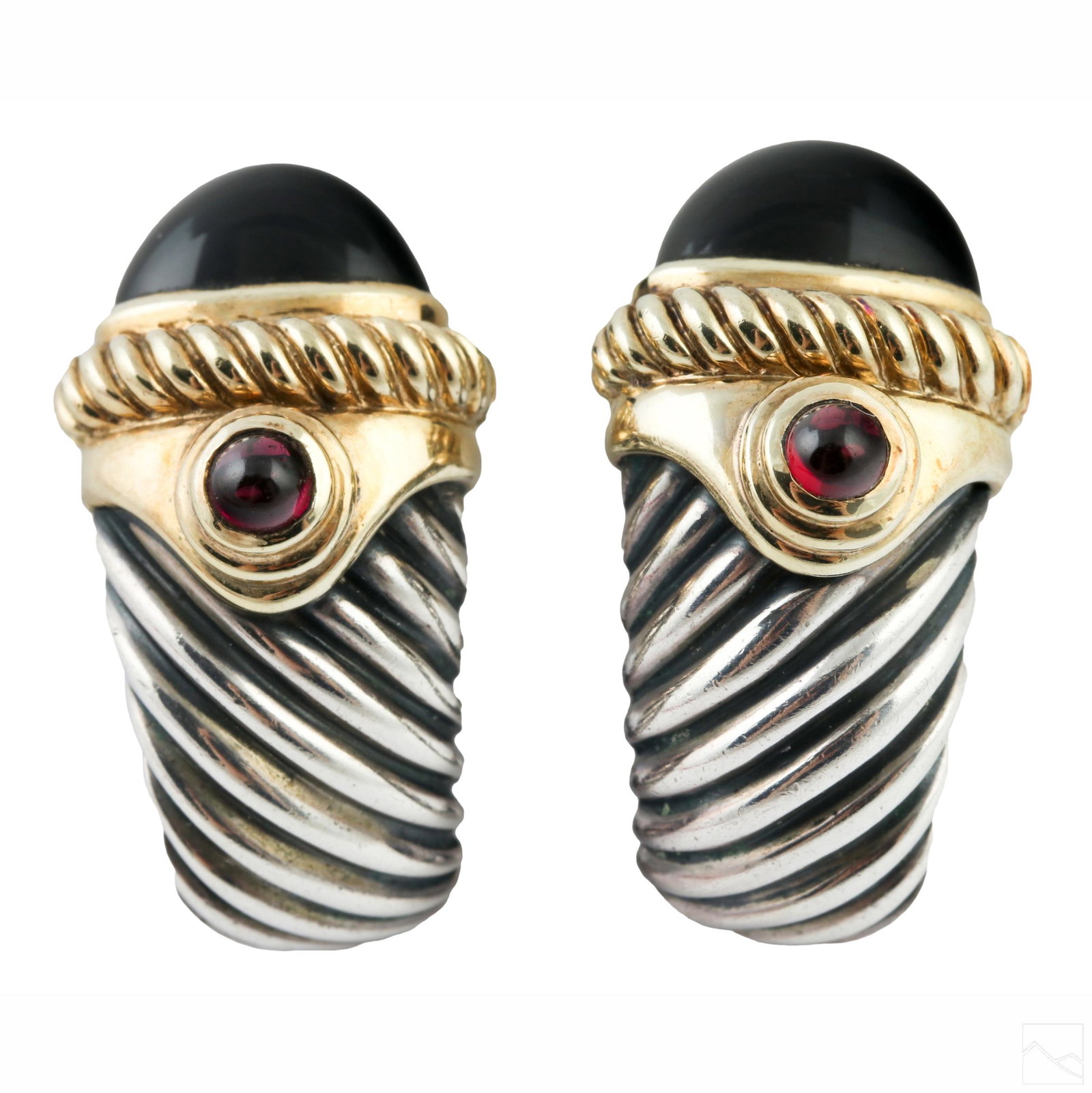 David Yurman 14K Gold Silver Garnet Onyx Earrings: A pair of designer David Yurman sterling silver and gold earrings. Features a cable style design capped at the ends with black onyx and garnet cabochons set in 14k gold. Marked and signed D. YURMAN 92