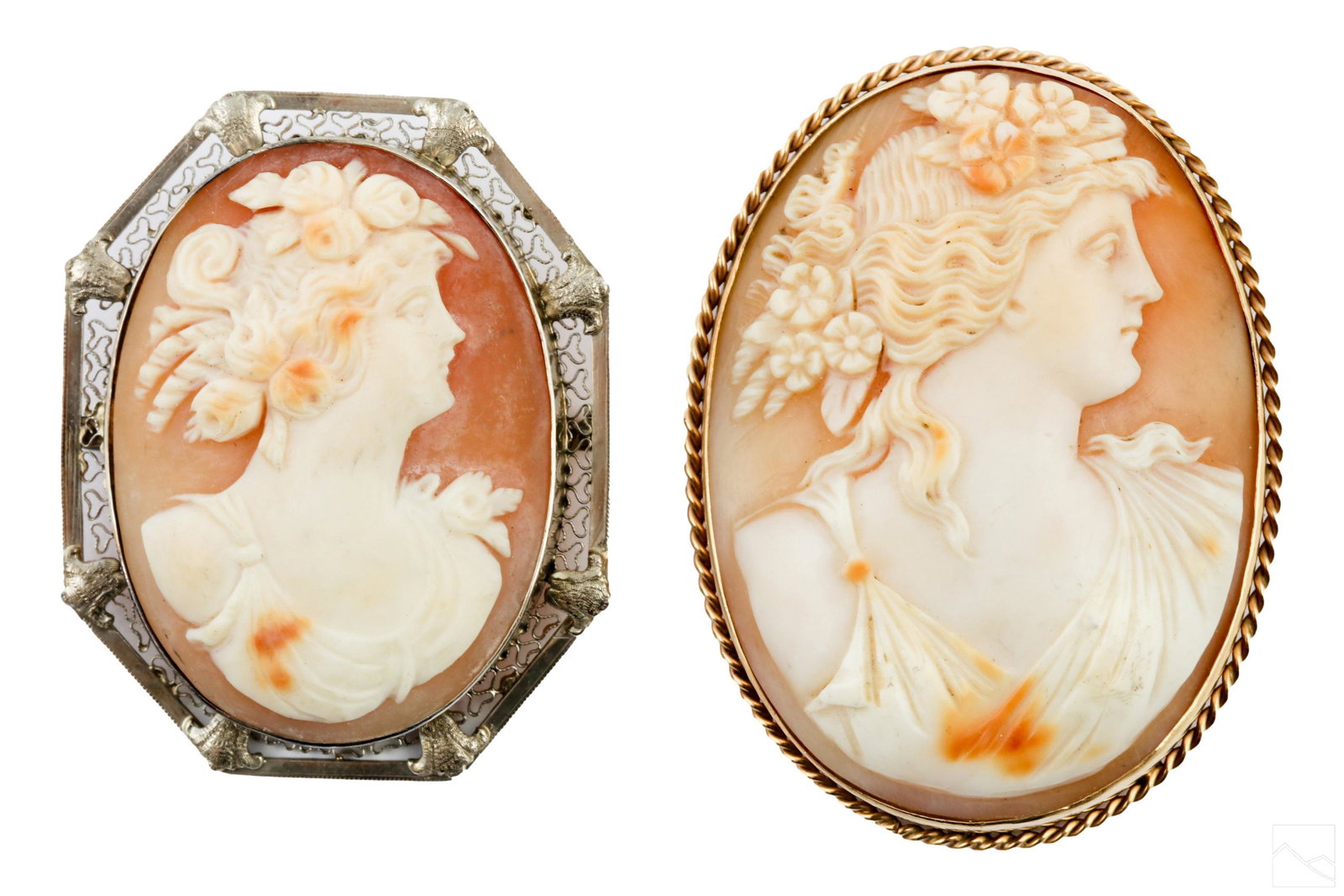 14K Gold & 10K Gold Carved Shell Cameo Brooch LOT: A group of two carved shell cameos set in gold. Features one 14k yellow gold carved shell cameo measuring 52mm x 39mm, and marked 14k: Can be worn as a pendant or brooch. The second cameo set in 10k w