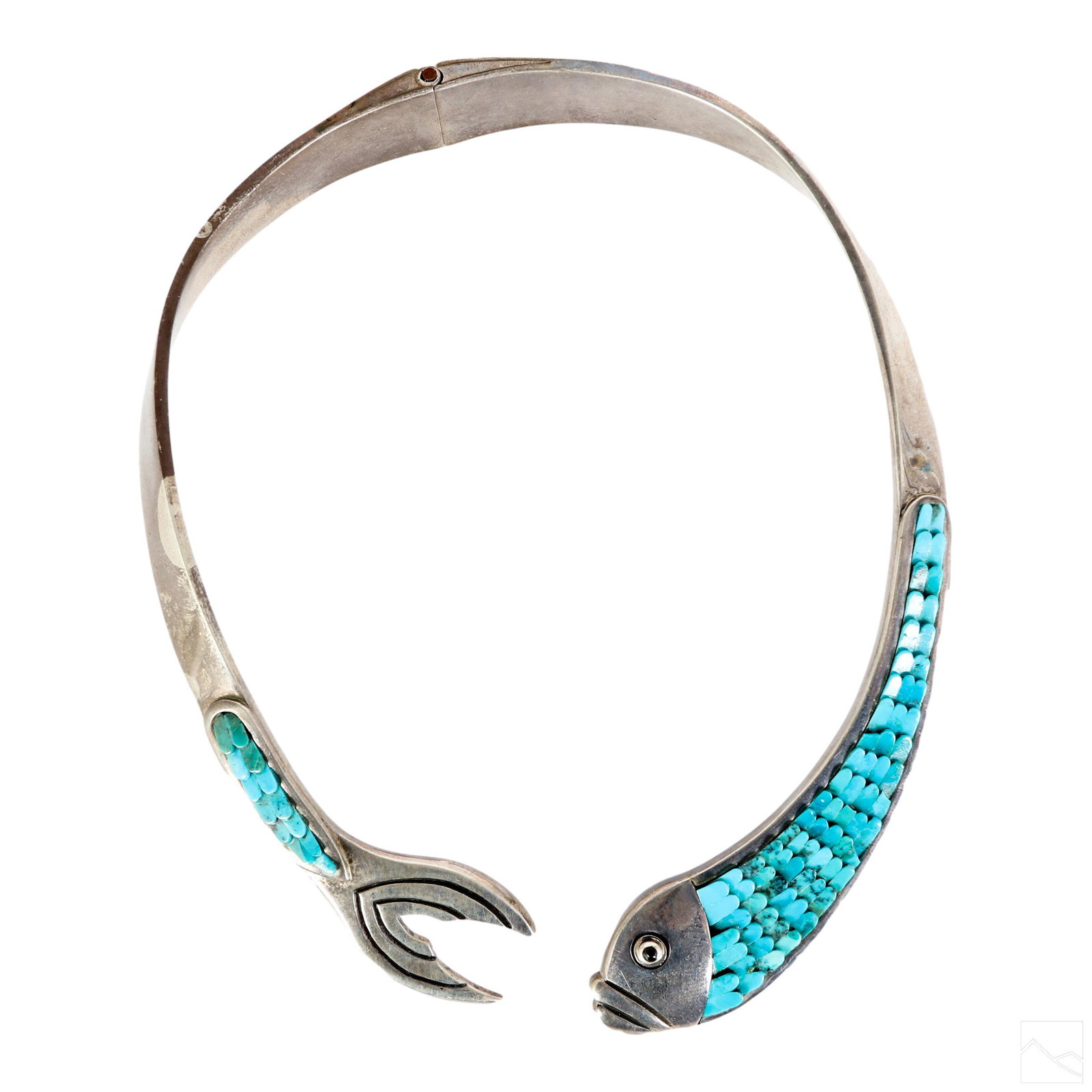 Manuel Figueroa Mexican Sterling Silver Necklace: A Mexican sterling silver torc necklace by Manuel Figueroa. Mixed media silver and natural turquoise. Manufactured by the silversmiths of Manuel Figueroa (Taxco, Mexico). Modernist hinged back design,