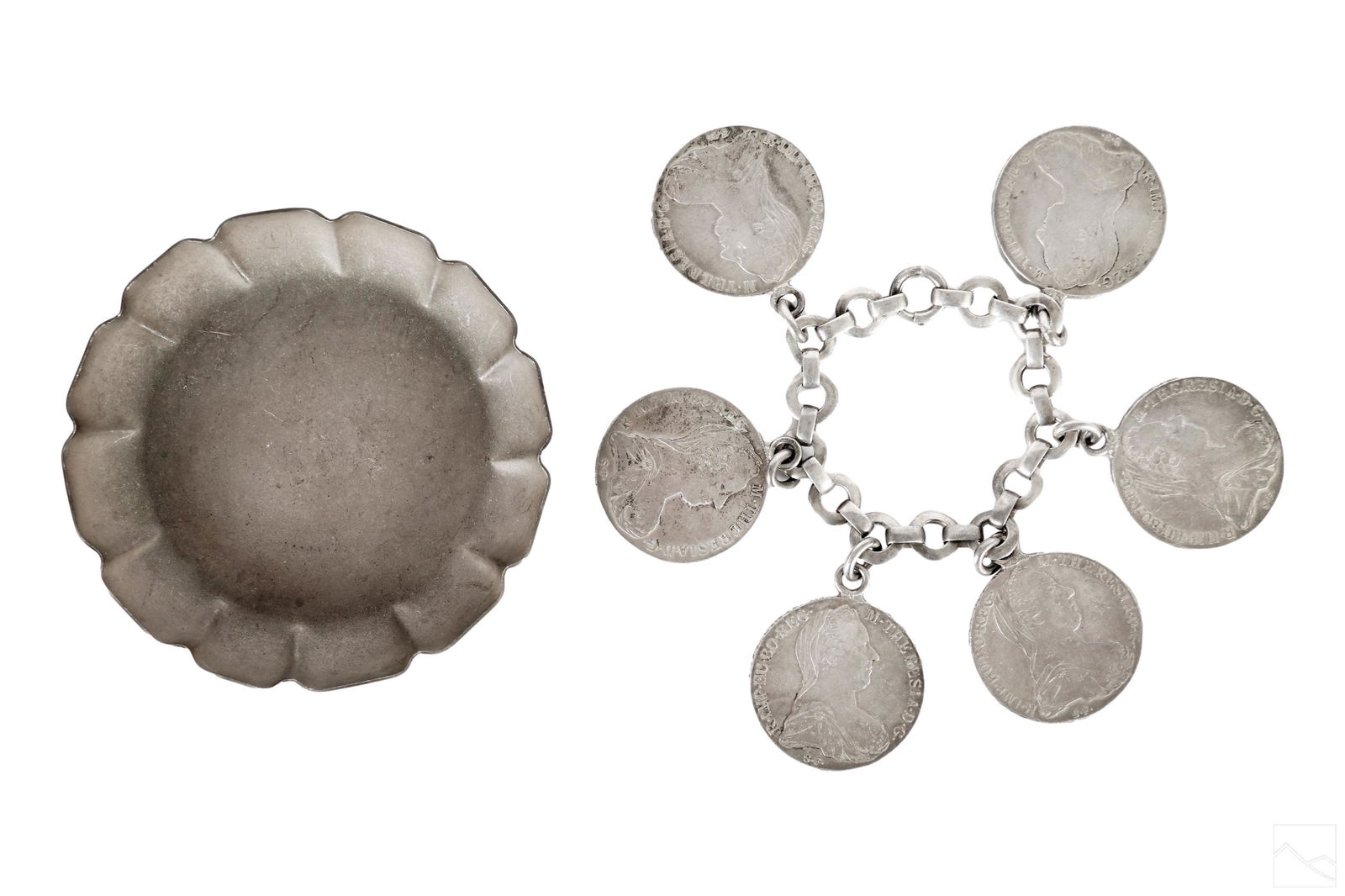 Cartier Sterling Silver Dish & Coins Bracelet Sz 6: An estate collection featuring a Cartier sterling silver dish and an antique Imperial Austrian Maria Theresa coin bracelet. Cartier dish with scalloped design and marked on bottom CARTIER STERLING (me