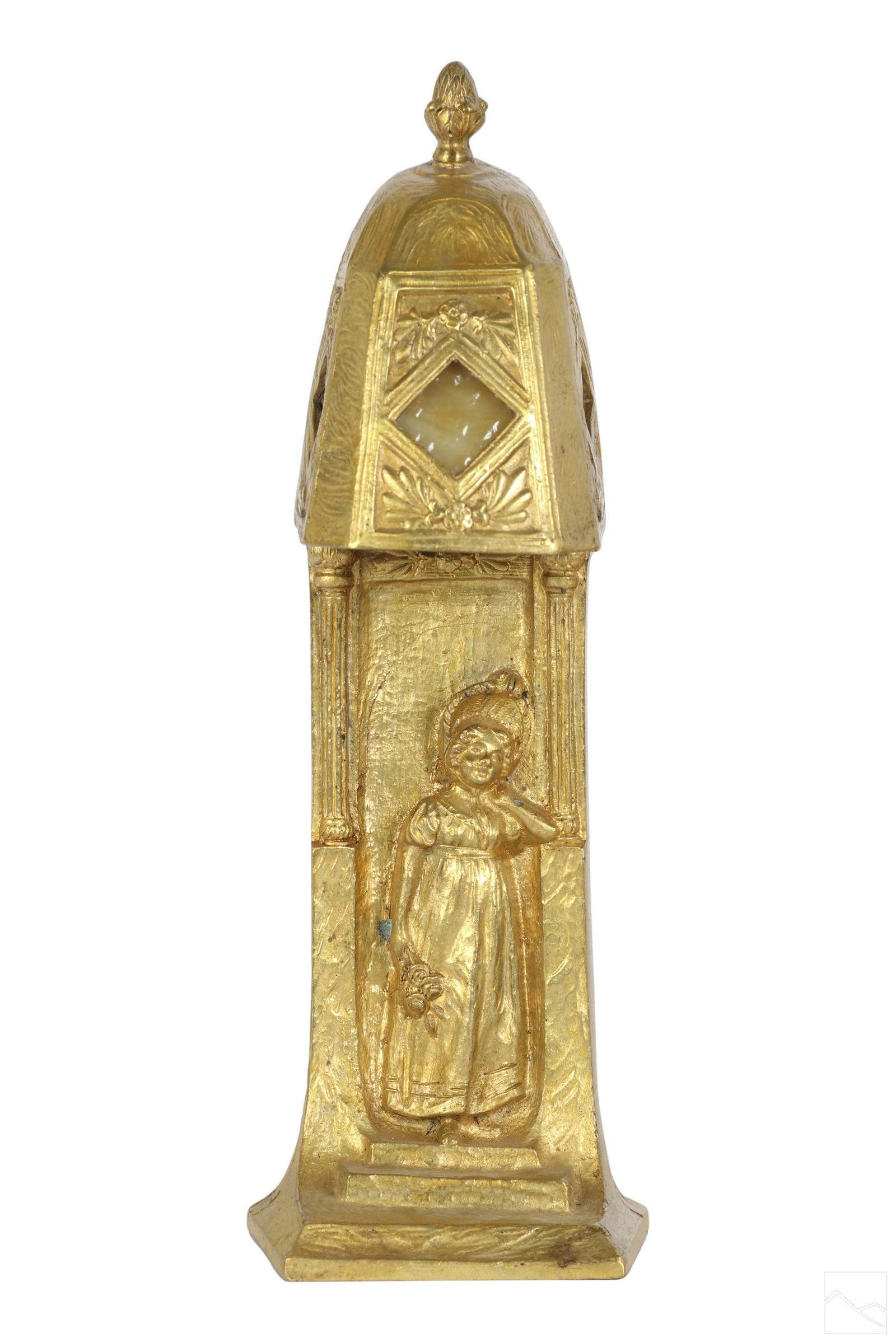 Art Nouveau Antique Gilt Bronze & Slag Glass Lamp: An antique Art Nouveau gilded bronze desk lamp. Bronze body with figural relief center, depicting a child figure in a bonnet with top shade featuring three yellow and beige slag glass windows, each en