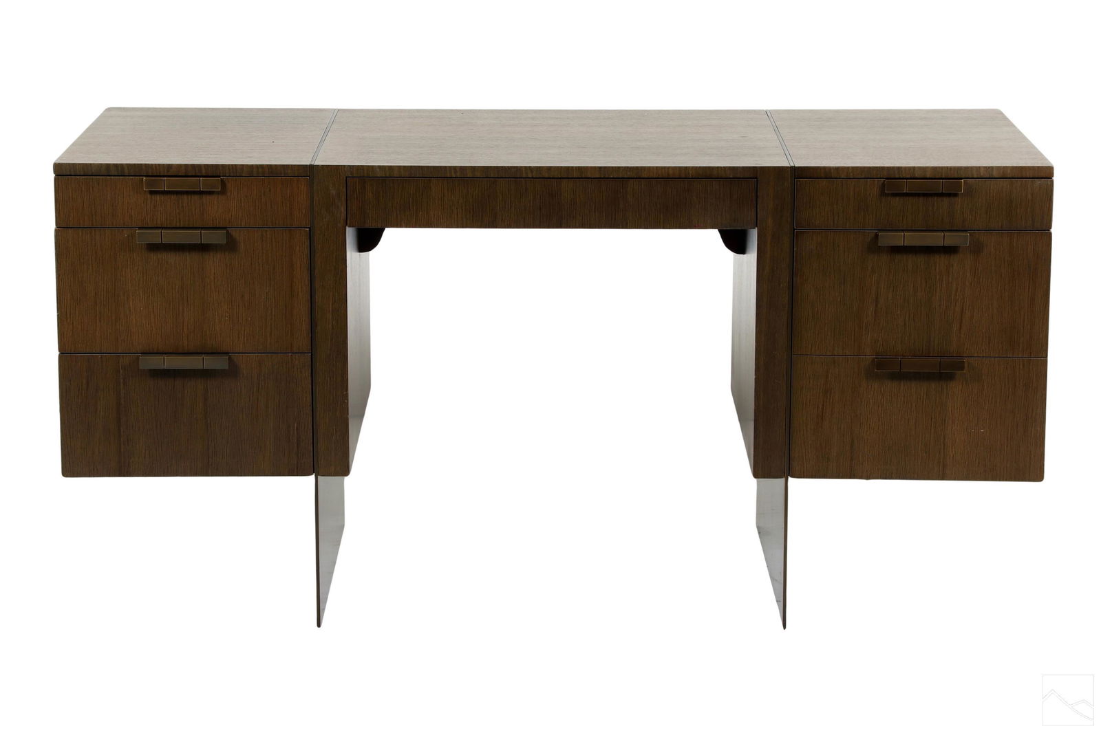 Theodore Alexander NC Modern Executive Bloc Desk: An executive Bloc Desk, produced by Theodore Alexander (North Carolina), a company founded by Paul Maitland-Smith. Central frieze drawer and three graduated drawers to left; one drawer and additional