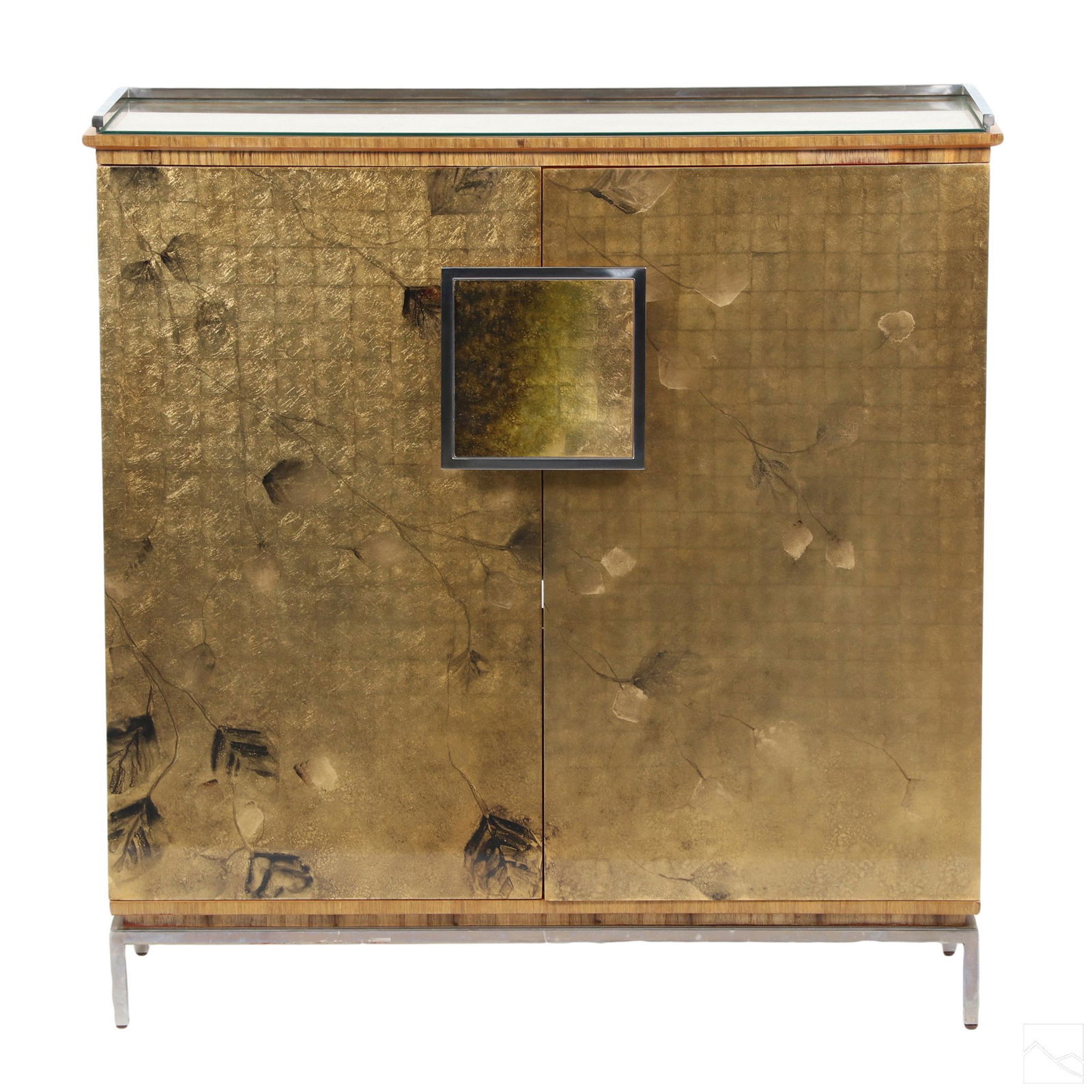 Theodore Alexander Autumnal Glow Cabinet Credenza: A veneered and lacquered Ofram wood side cabinet credenza, produced in the luxurious Autumnal Glow pattern by Theodore Alexander (North Carolina), a company founded by Paul Maitland-Smith. Features a