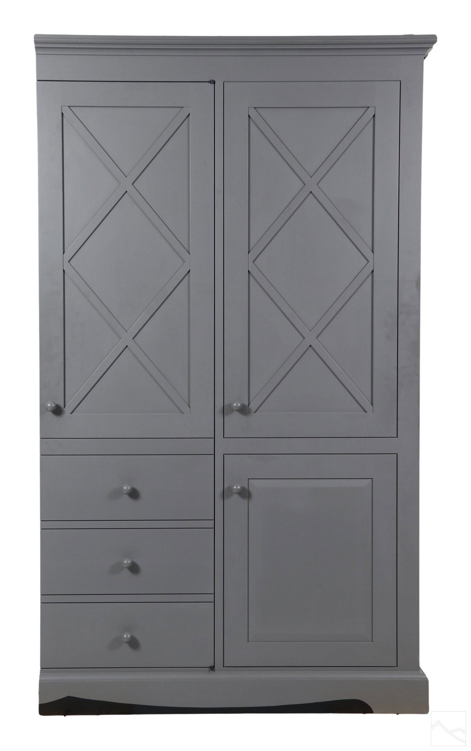 Roy McMakin Modern Directoire Style Books Cabinet: A modern contemporary directoire style library cabinet by Roy McMakin (American, born 1965). Gray cabinet with crossed door molding. One side set with a series of shelves for book and document storage