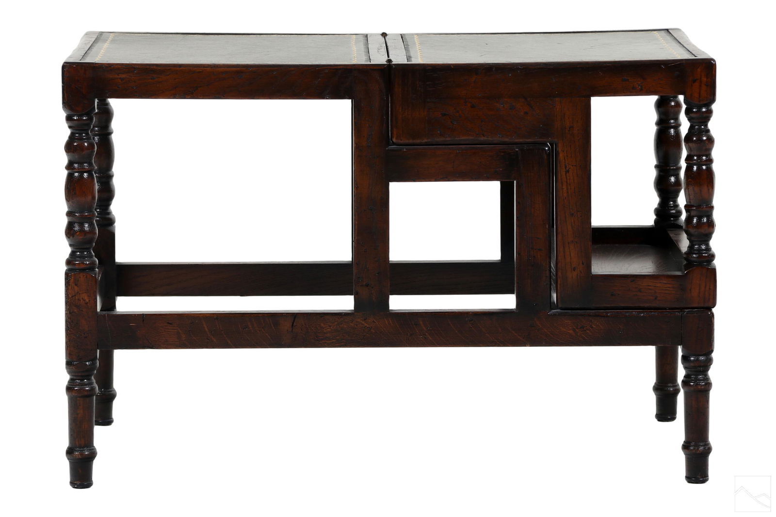 Modern Wood Convertible Library Steps Coffee Table: A mixed media wood and leather coffee or end table that converts to a set of library steps. A versatile, cleverly designed mahogany wood and black tooled leather library steps set that converts to a r