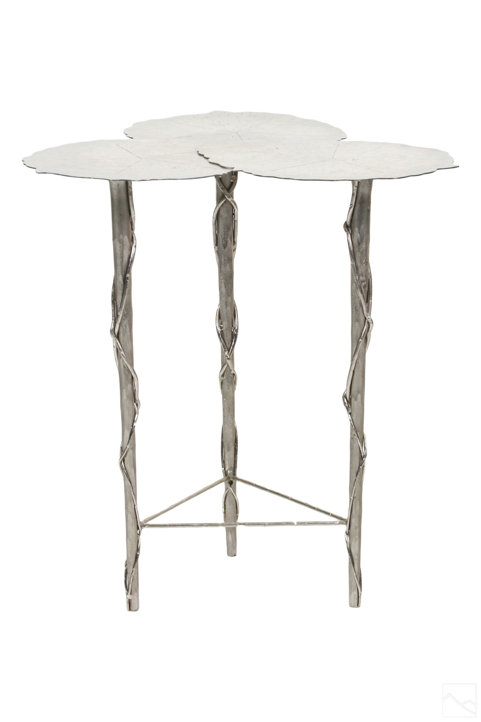 Modernist Metal Water Lily Leaf Tripod Side Table: A mixed metals lily pad side or occasional table. Modern design produced in the manner of Michael Aram and similar designers. Triple lily pad cluster leaf design top with incised striation details. Re