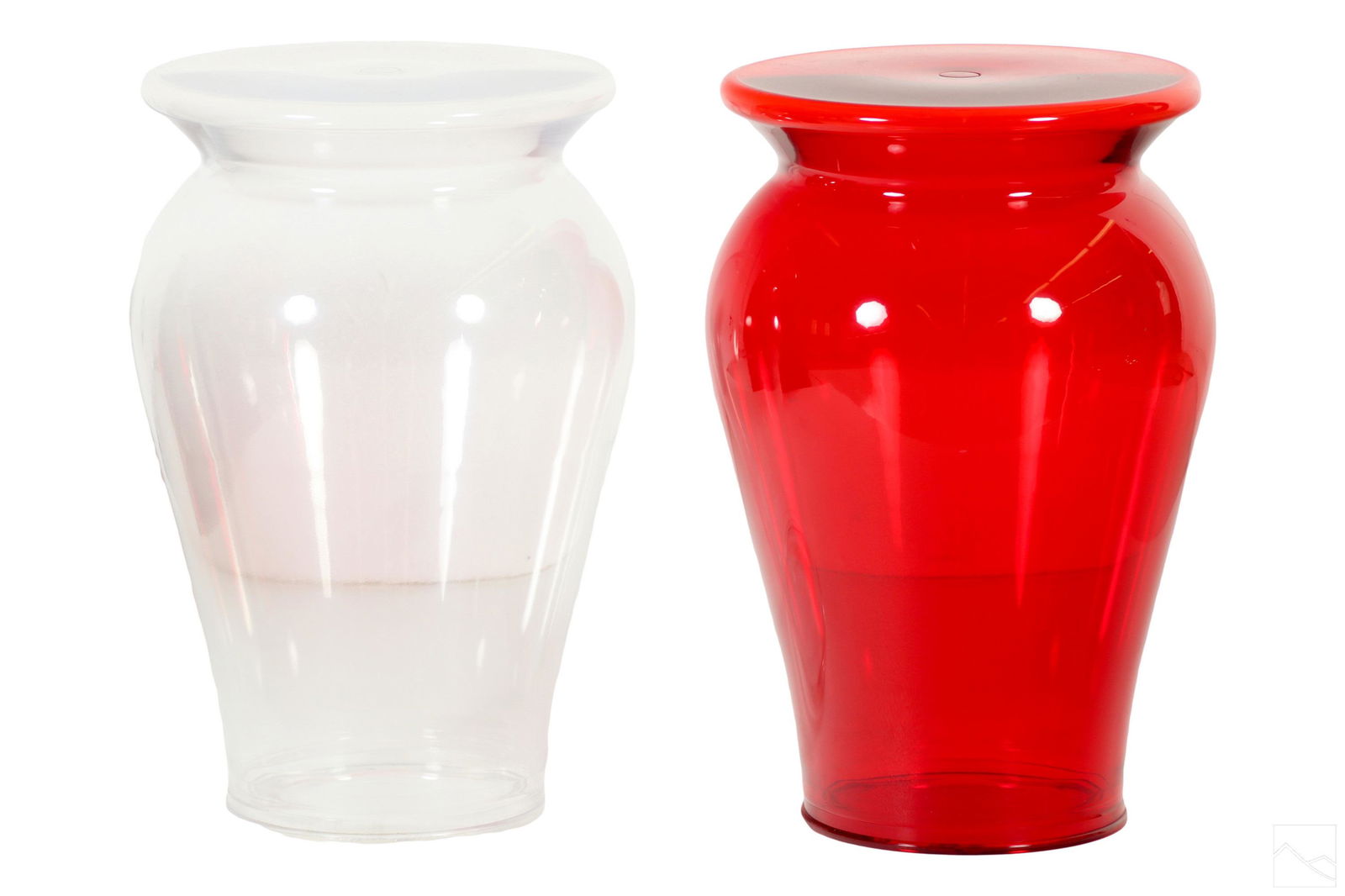 Philippe Starck for Kartell La Boheme Side Tables: A pair of La Boheme side tables designed by Philippe Starck for Kartell. Polycarbonate resin in red and clear bodies. Modeled as garden seats or plant stands. BOHEM BY KARTELL WITH STARCK embossed to