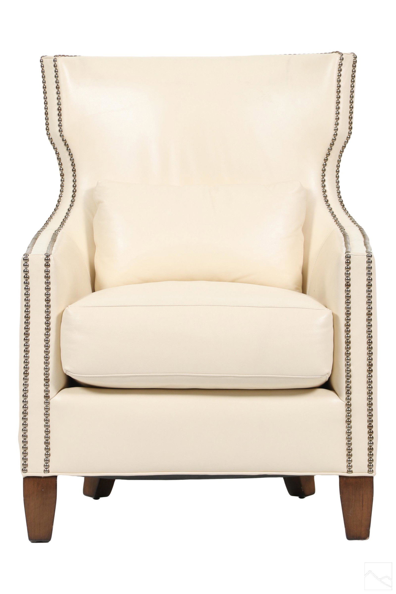 Kingston Leather Wingback Armchair after Bernhardt: A white leather Kingston wingback arm chair, produced in the mid 20th Century style of Bernhardt Furniture (North Carolina). Traditional upholstered white leather design with statuesque high back and 