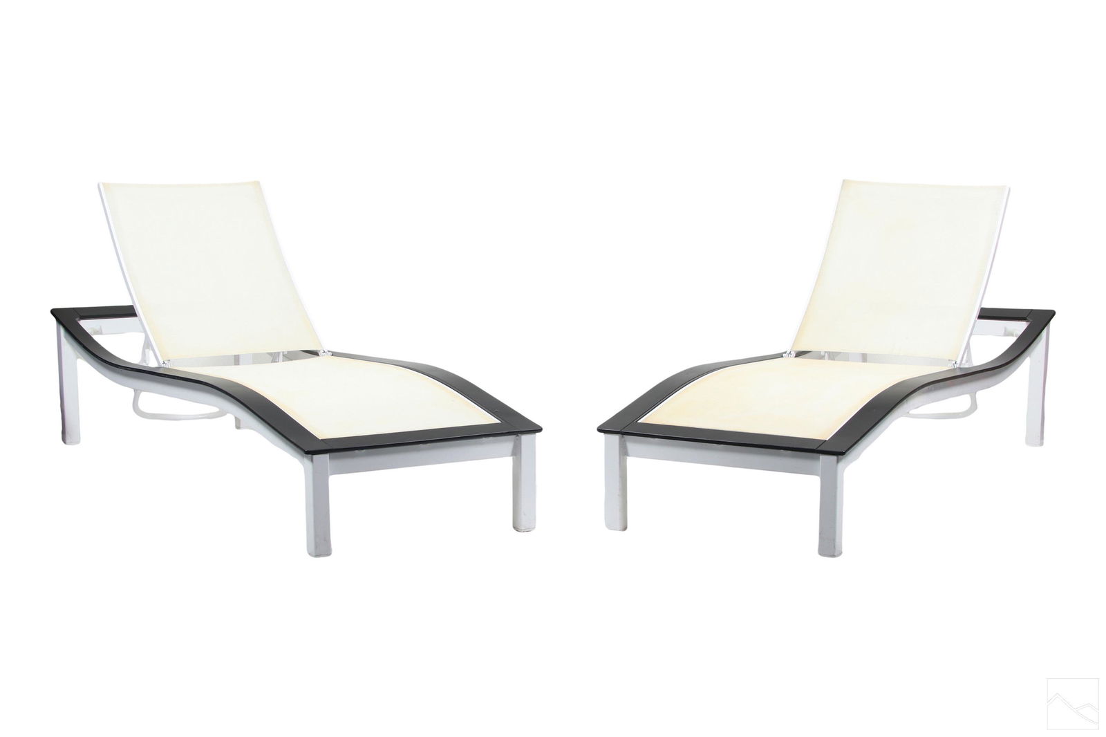 Telescope Bazza Sling Modern Chaise Lounge Chairs: A pair of reclining chaise lounger chairs from the Bazza Sling Collection by Telescope Casual (New York). A sleek design with wave-like frame, featuring contoured lines and a supremely relaxing surfac