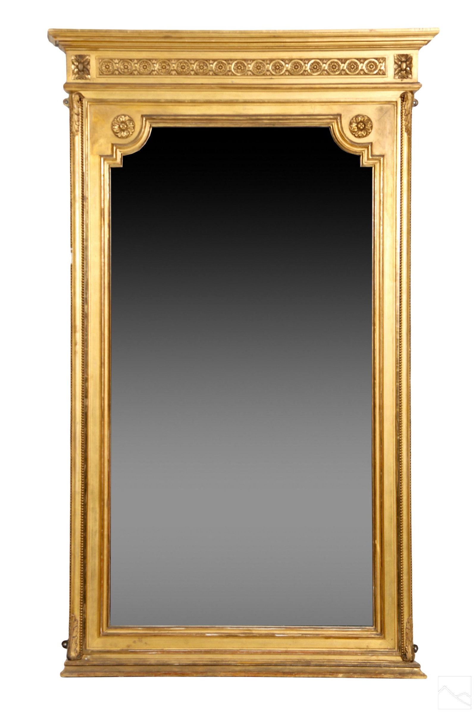 French Regence Style Antique Gilt Wood Wall Mirror: An antique French Regence style artisan carved wood hanging wall mirror. Monumental rectangular body with Classical stepped top, floral rosette decorations to top, and to upper corner, and elegant car