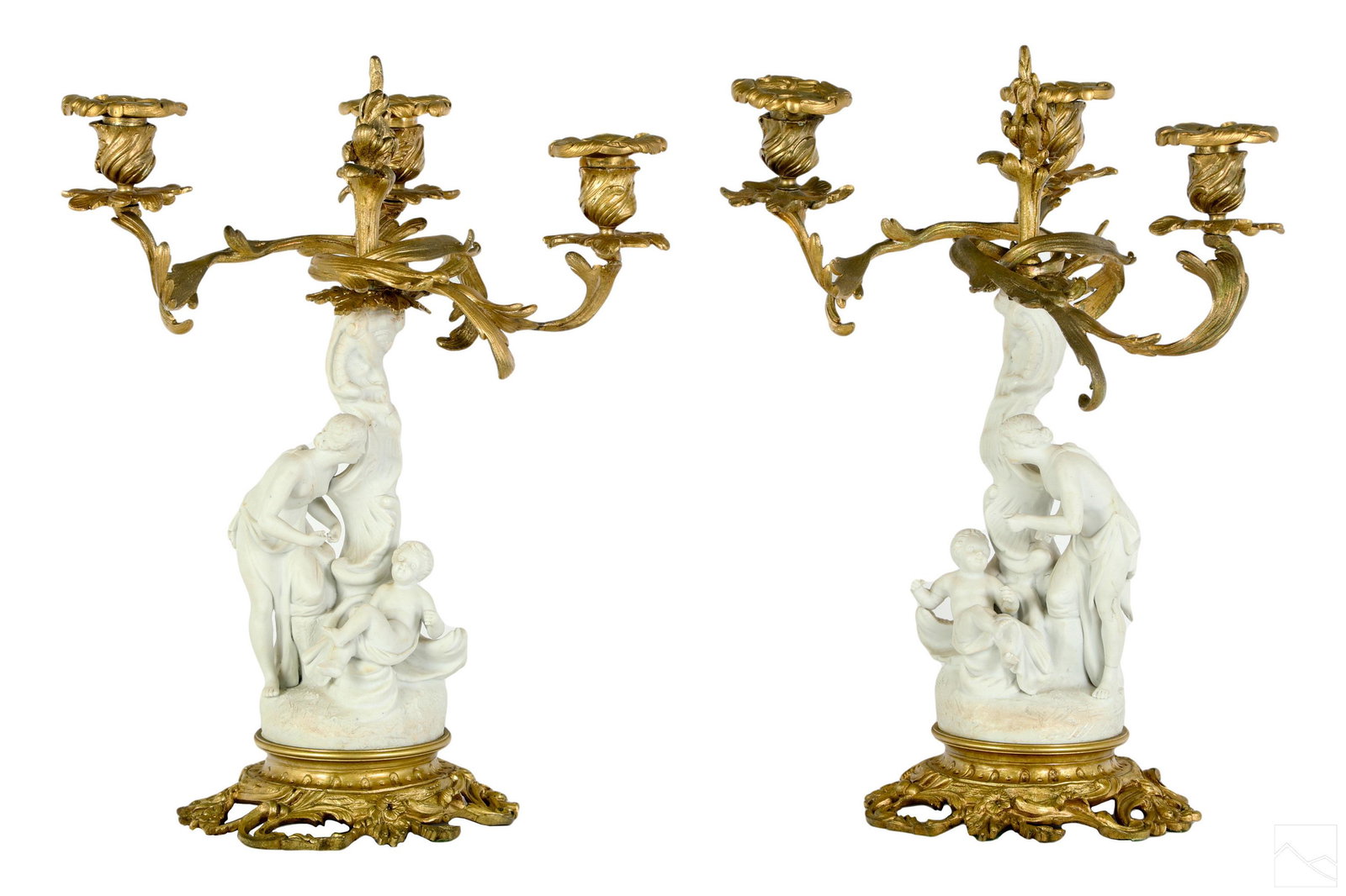 E. Renaud 20C Antique French Porcelain Candelabras: A pair of French porcelain and bronze candelabras by E. Renaud (Paris). White porcelain base bodies with figural Neoclassical female and child figures, surmounted by three branch gilt bronze candlehol