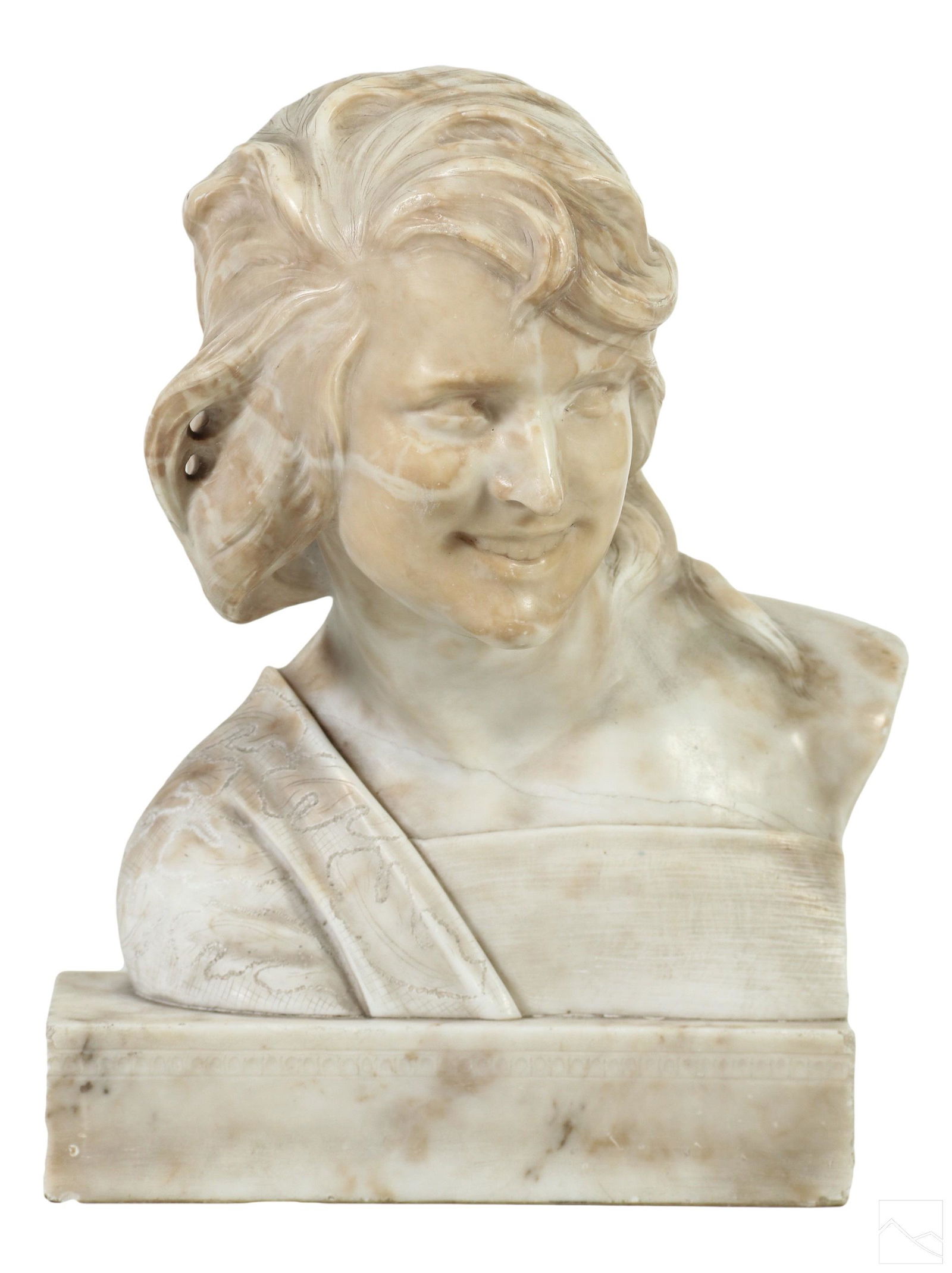 Giusto Viti 19C. Italian Alabaster Bust Sculpture: Giusto Viti (Italian, 19th Century). A carved alabaster statue. A figural bust depicting a smiling young female figure. Artist incised signature to back. Dimensions: 17 X 13 X 11 in. Condition: G