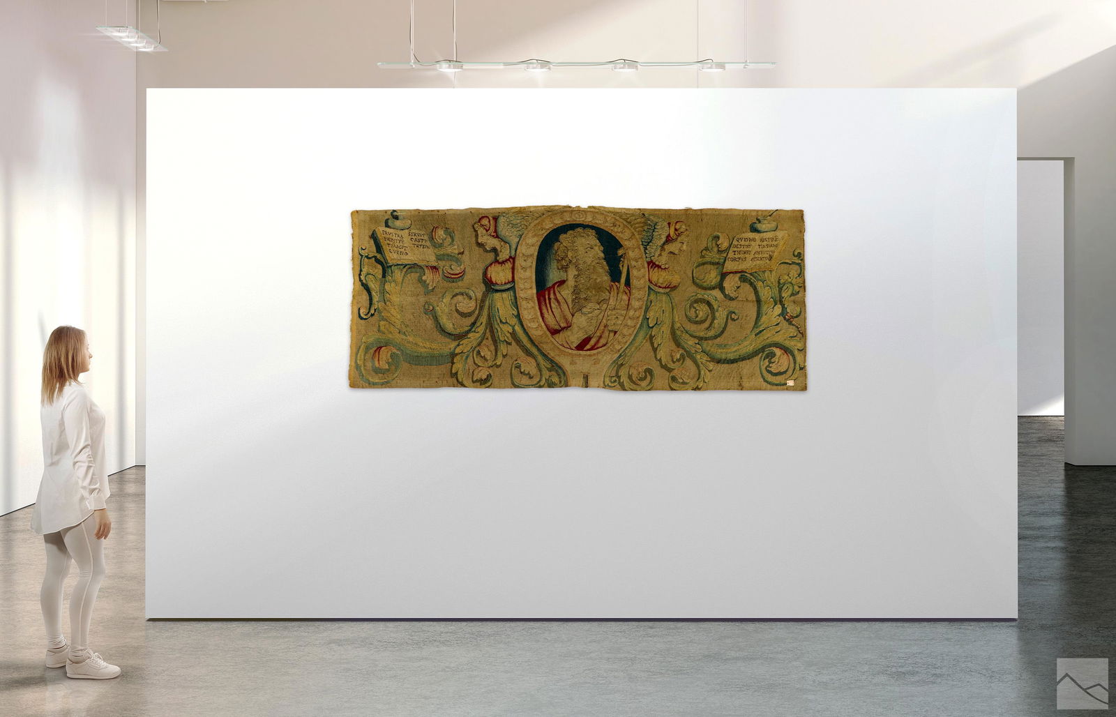 Mizner Estate 16C Flemish Antique Figural Tapestry: A 16th Century antique European hanging embroidered textile tapestry. Produced in the Late Renaissance Flemish style. A figural work with a central portrait of the ancient Athenian Greek philosopher S