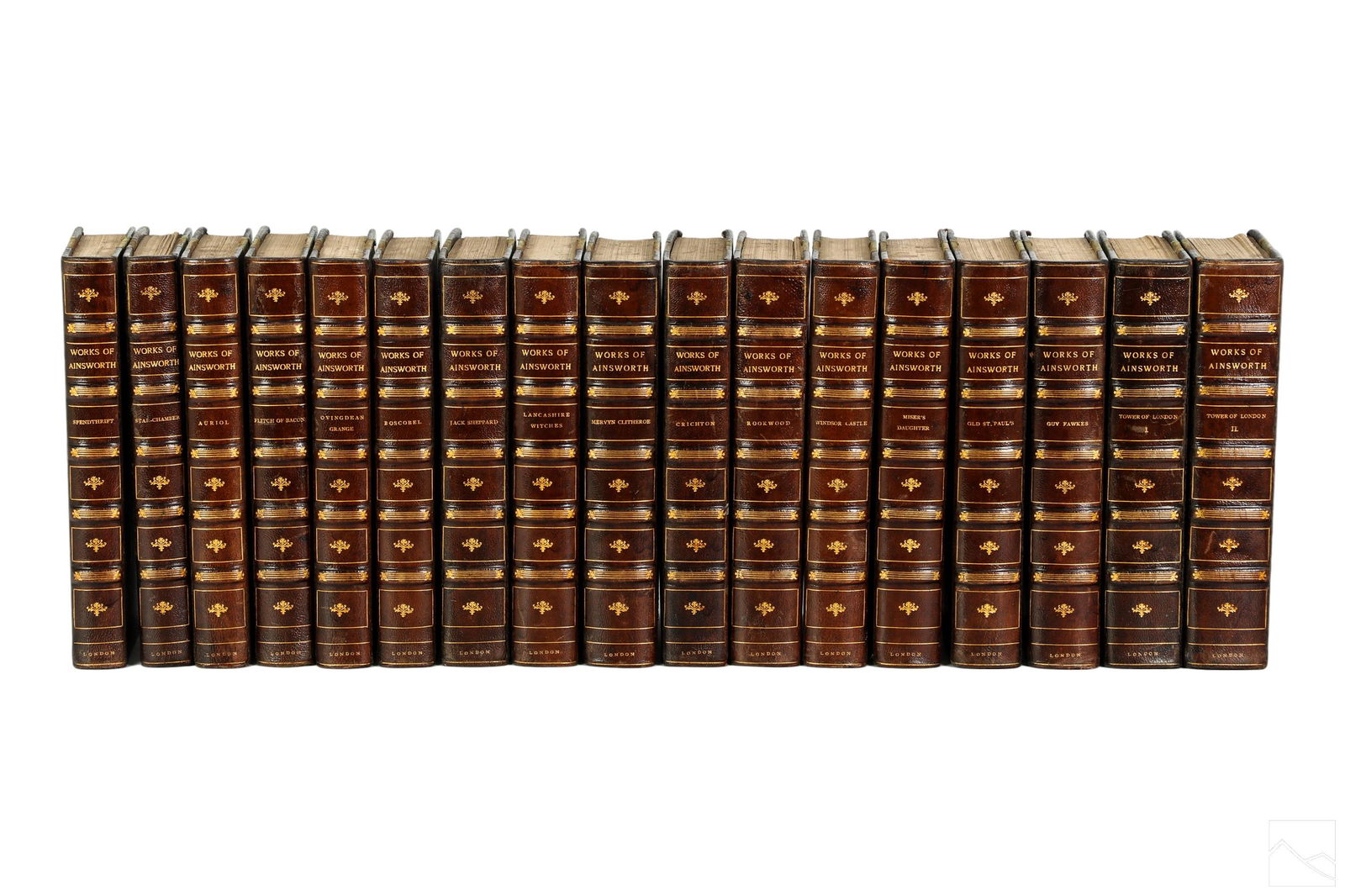 Mizner Estate 17 Volume Antique Leather Books LOT: Set of seventeen (17) antique Victorian leather bound books from "The Works of Ainsworth," written by English historical novelist William Harrison Ainsworth (W.H. Ainsworth) (1805-1882), and published