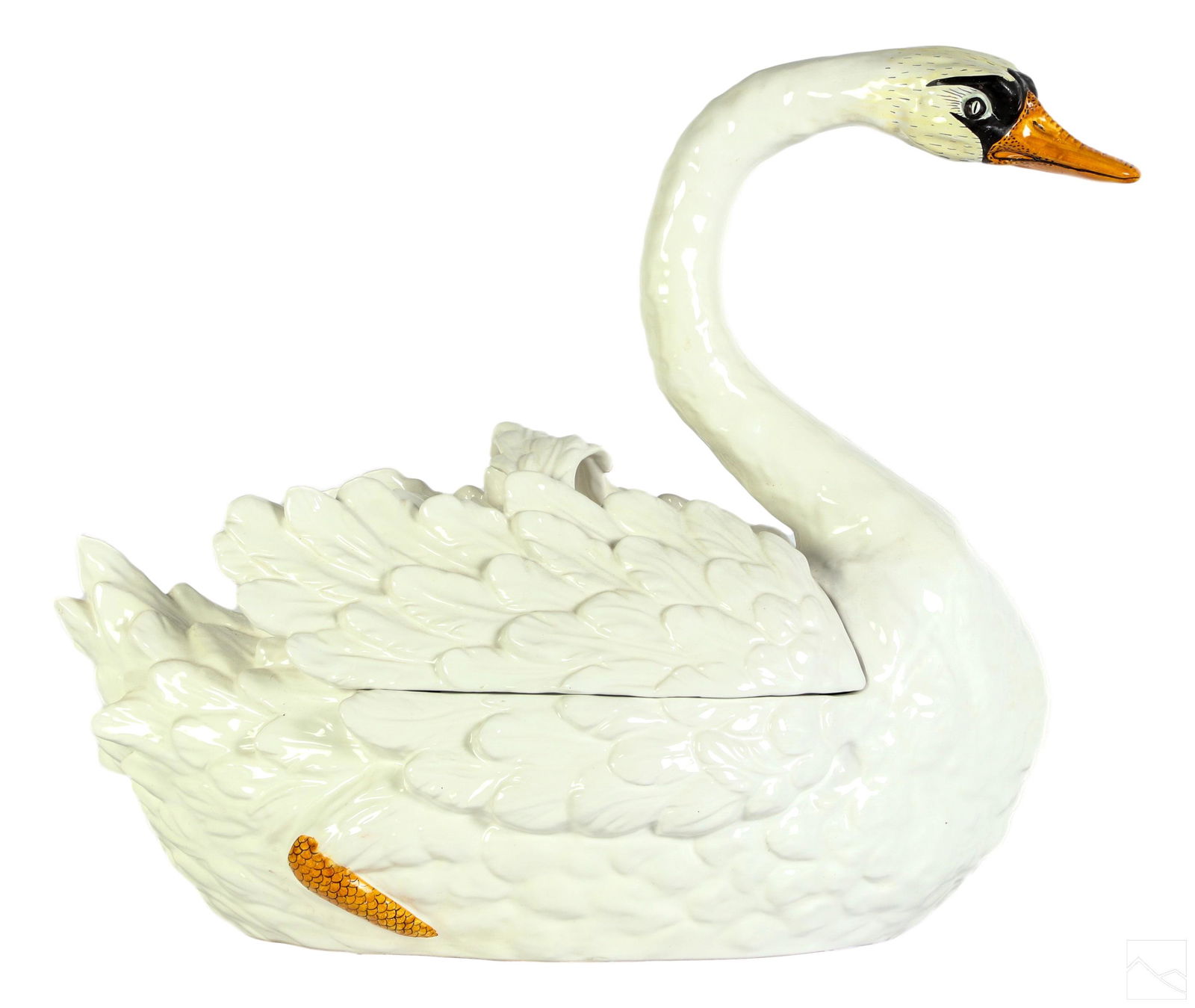 Bassano Modern Italian Pottery Swan Tureen Server: A ceramic glazed Italian art pottery swan tureen produced circa 1960s by Bassano Italy. Hollywood Regency style glazed primarily in white with face and feet realistically hand painted. Back covered in