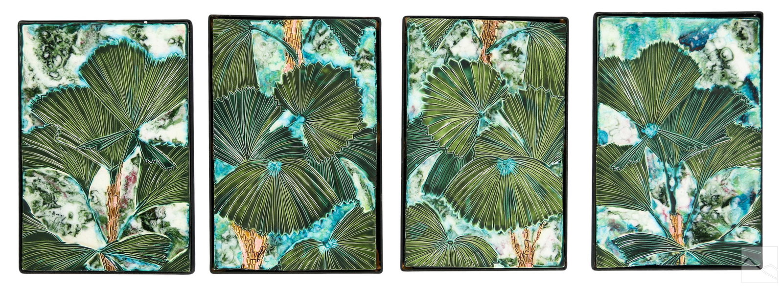 Brewer Vega 20C Modern Art Pottery Palm Tree Tiles: A set of four (4) carved art tiles by Brewer Vega. Foliate designs depicting overlapping palm fronds and trees, in a vibrant tropical palette with greens, blues, browns and whites. One tile signed to 