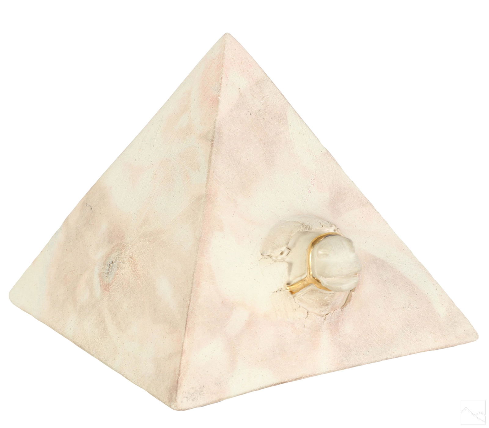 David Ward b.1951 Pyramid Camel Art Pottery Statue: David Ward (American, born 1951). A modern art pottery sculpture titled "Camel Egg." A surreal work featuring a camel figure with gold reins bursting from a pyramid shaped egg. Pyramid sides bulging a