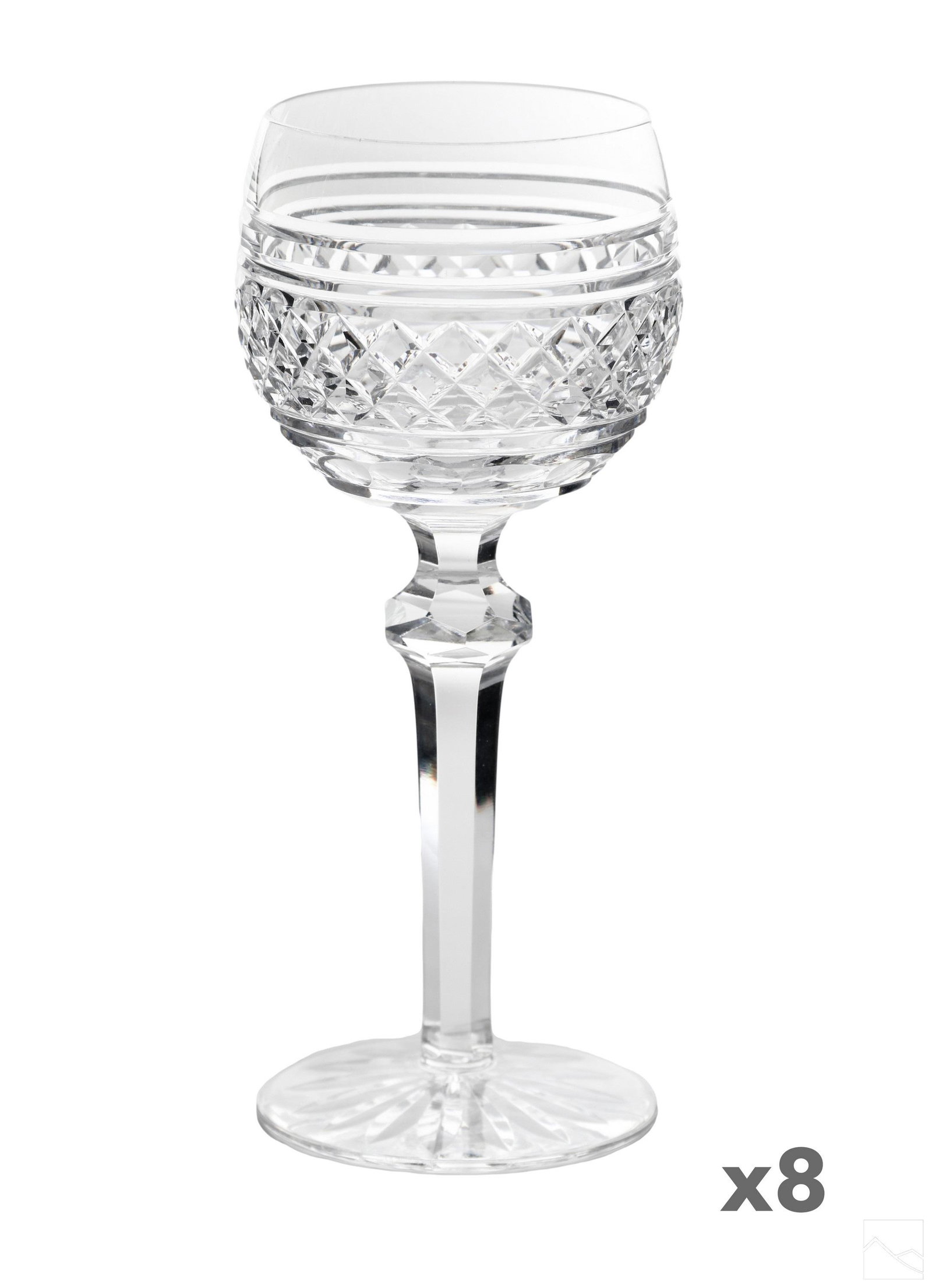 Waterford Irish Crystal Castletown Hock Goblet SET: A set of eight (8) Waterford Irish crystal goblet hock wine stemware in the Castletown pattern. Goblet form glass crystal bowl bodies with diamond designs to bowl, knob stems, and circular bases, each