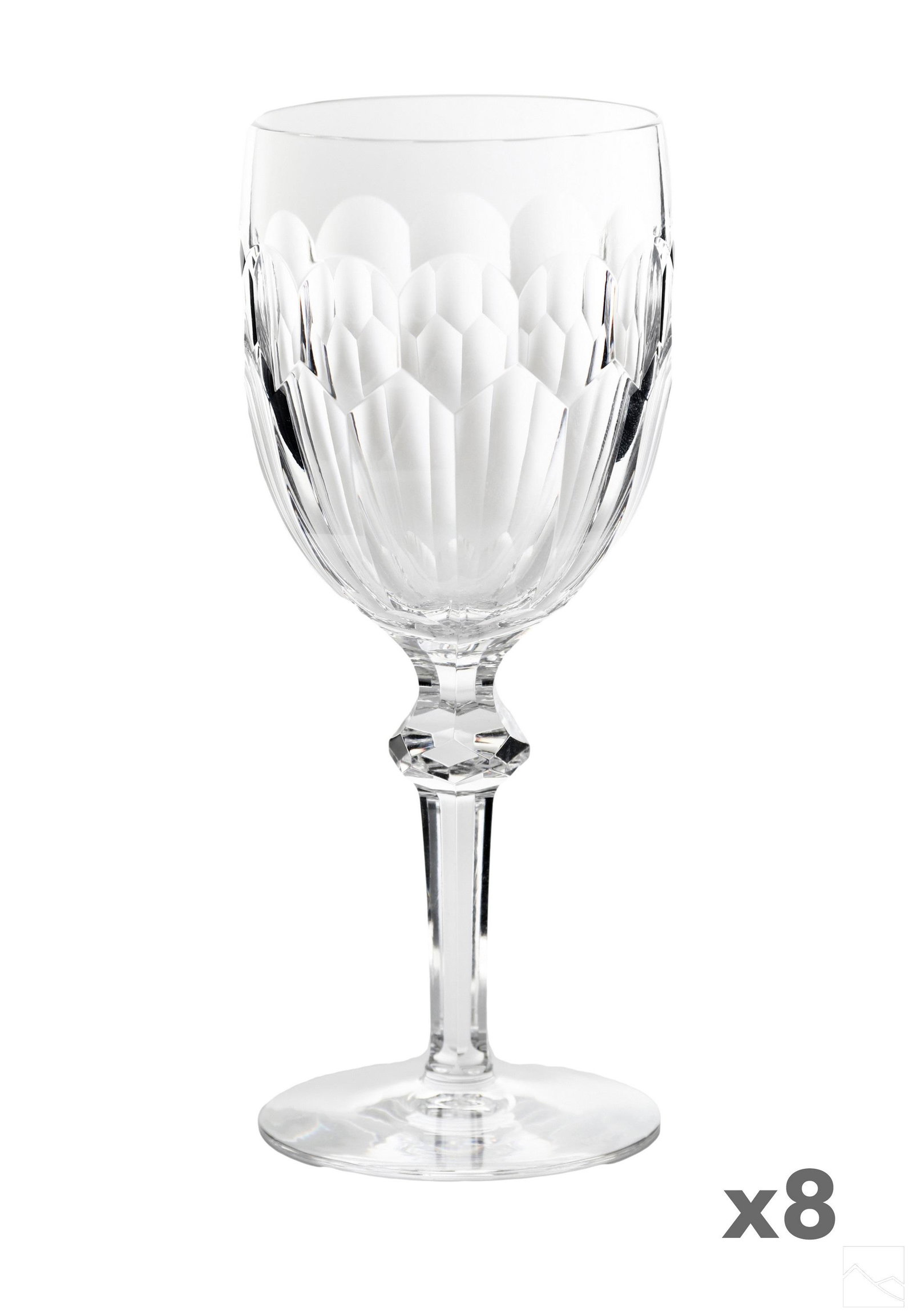 Waterford Irish Crystal Curraghmore Goblet 8pc SET: A set of eight (8) Waterford Irish water goblets glasses in the Curraghmore cut pattern. Goblet form glass crystal bowl bodies with geometric patterns to bowl, multi sided stems, and circular bases, e