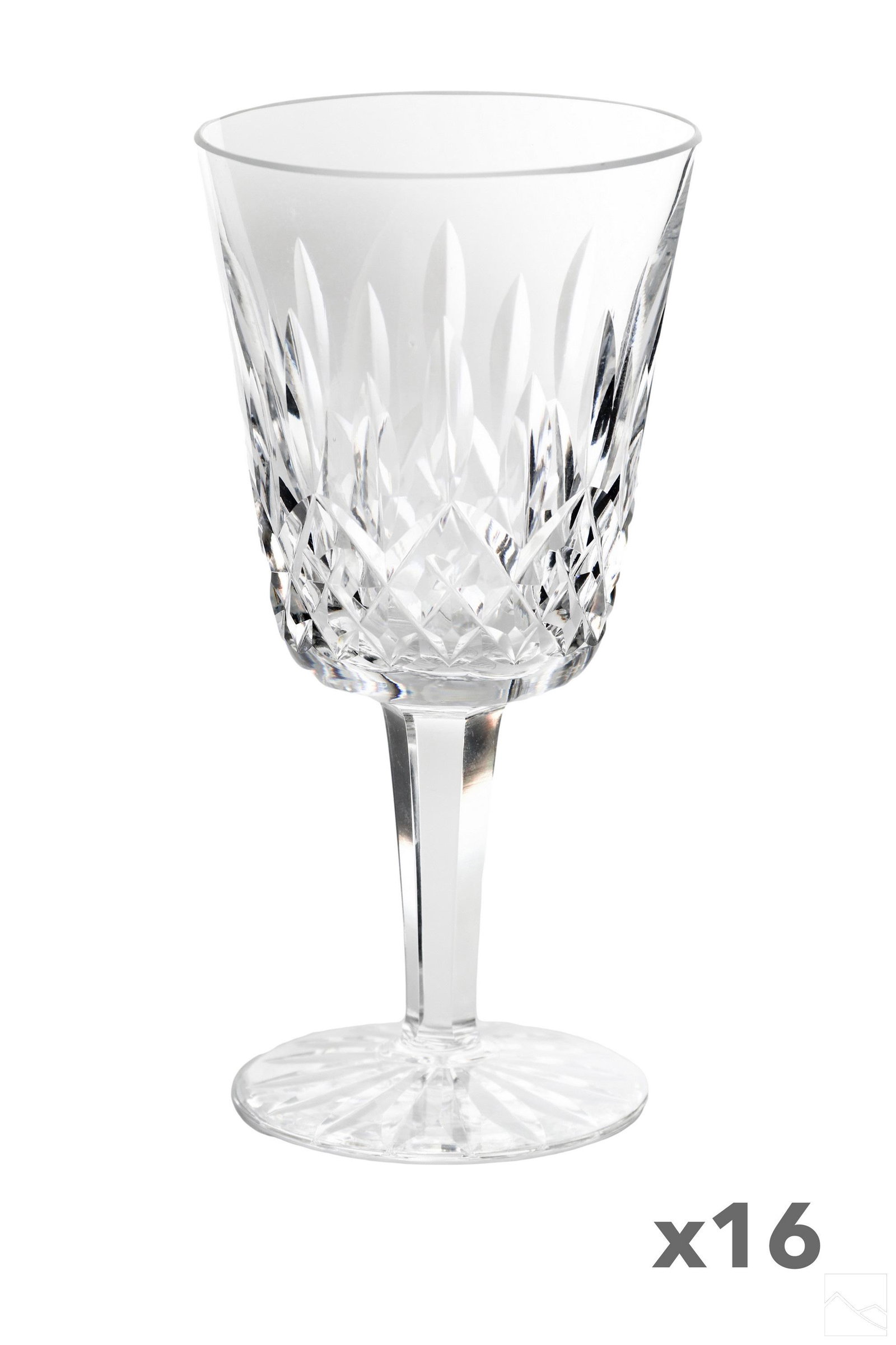 Waterford Irish Crystal Lismore Water Goblets SET: A set of 16 Waterford Irish crystal water goblet stemware in the Lismore pattern. Goblet form glass crystal bowl bodies with vertical patterns to bowl, multi sided stems, and circular bases, each havi