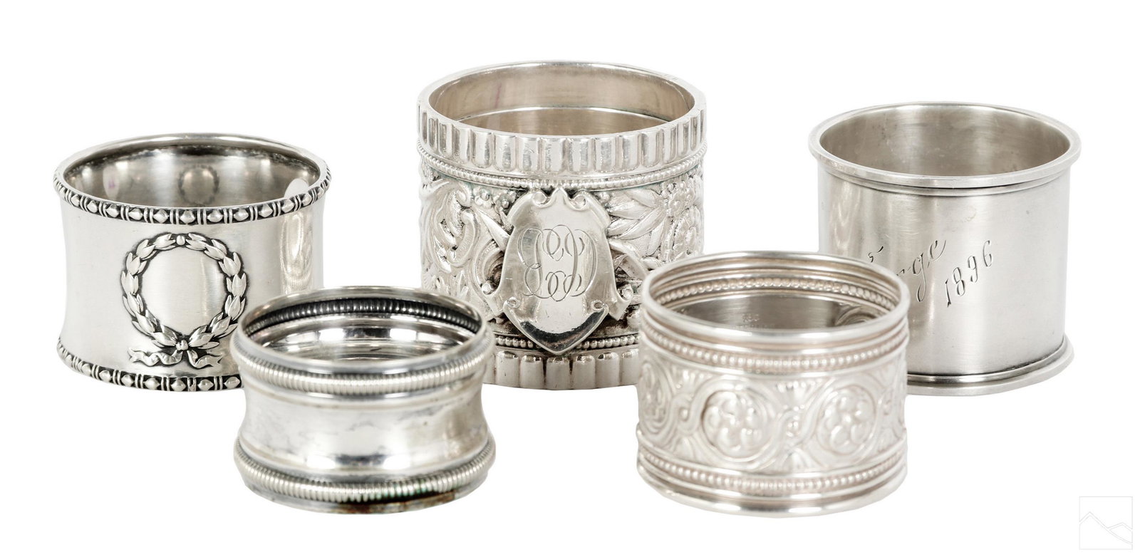 Antique German 800 Silver Napkin Ring 5pc LOT 173g: A collection of five (5) German 800 silver napkin rings. Elegant and ornate, in various styles and manufacturers. All having monograms. Largest measures approximately 2" x 2" x 2". Total approximate w