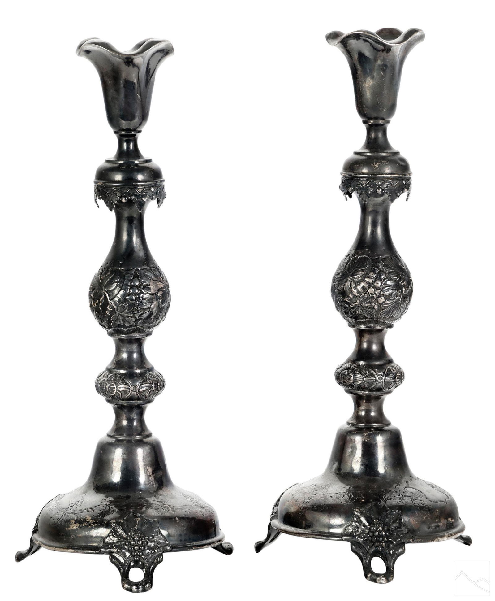 A. Riedel Russian Antique Silver Candlesticks 685g: A pair of circa 19th Century Russian 84 silver candlesticks, produced 1887 by A. Riedel silversmiths (Minsk, Russia). Baluster form bodies with highly details relief floral and foliate forms, surmount