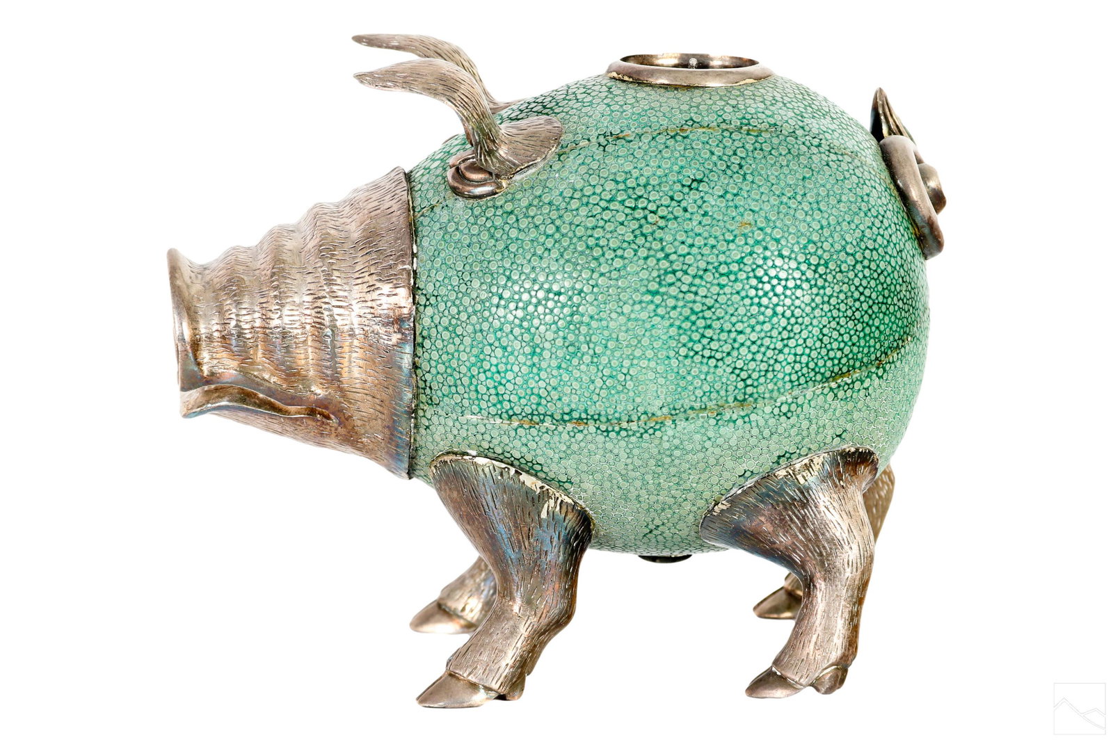 Lotus Arts de Vivre Pig Green Shagreen Candlestick: A shagreen and pewter candlestick holder produced by Lotus Arts de Vivre. Modernist figural pig design with round body covered in green shagreen, and pewter eyes, ears, legs, tail and snout. Manufactu