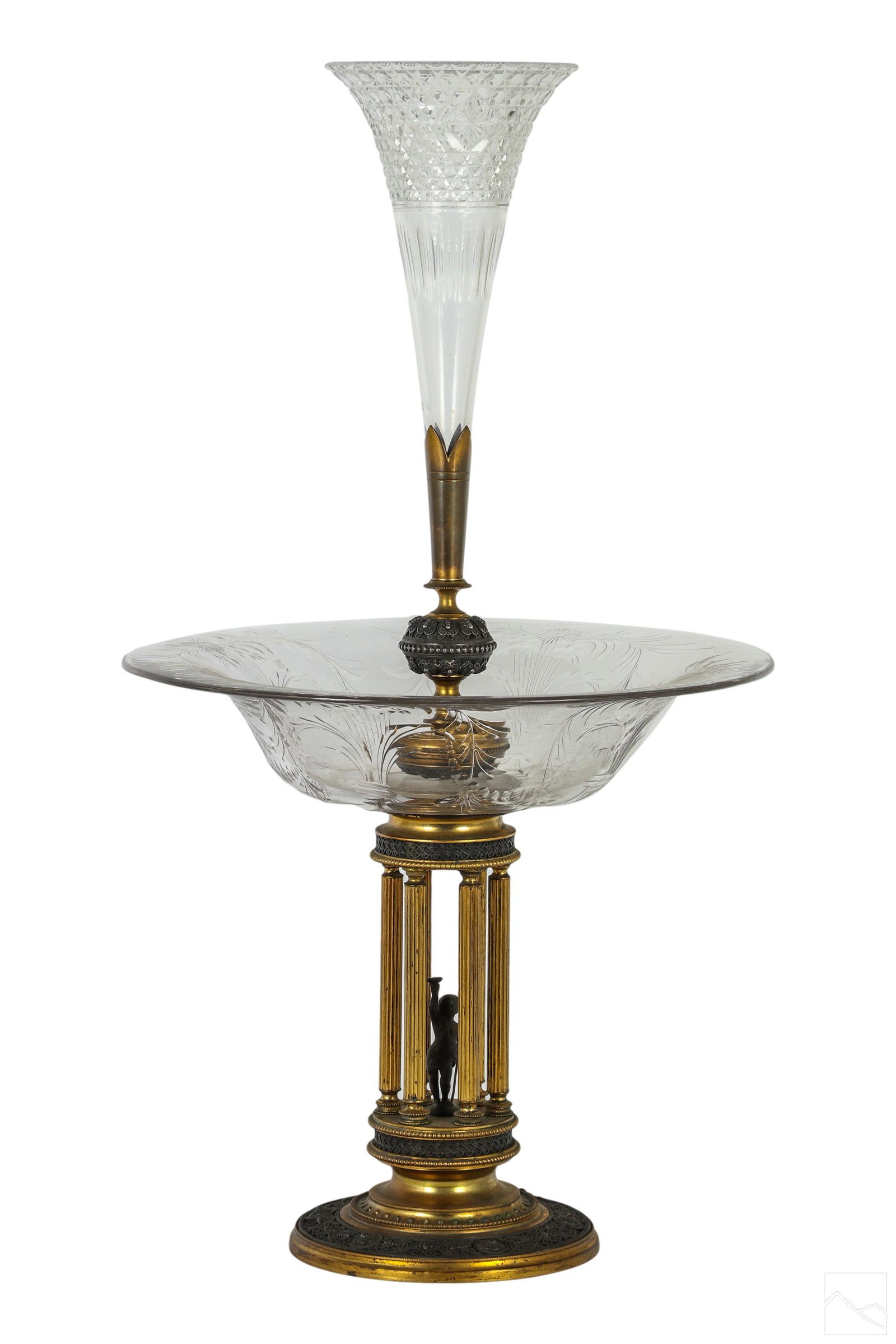 19C Victorian Bronze & Crystal Centerpiece Epergne: An antique dore bronze and cut crystal centerpiece epergne. Neoclassical design, featuring fine filigree trim, a figural putti center encompassed by columns, and floral etched crystal center bowl with