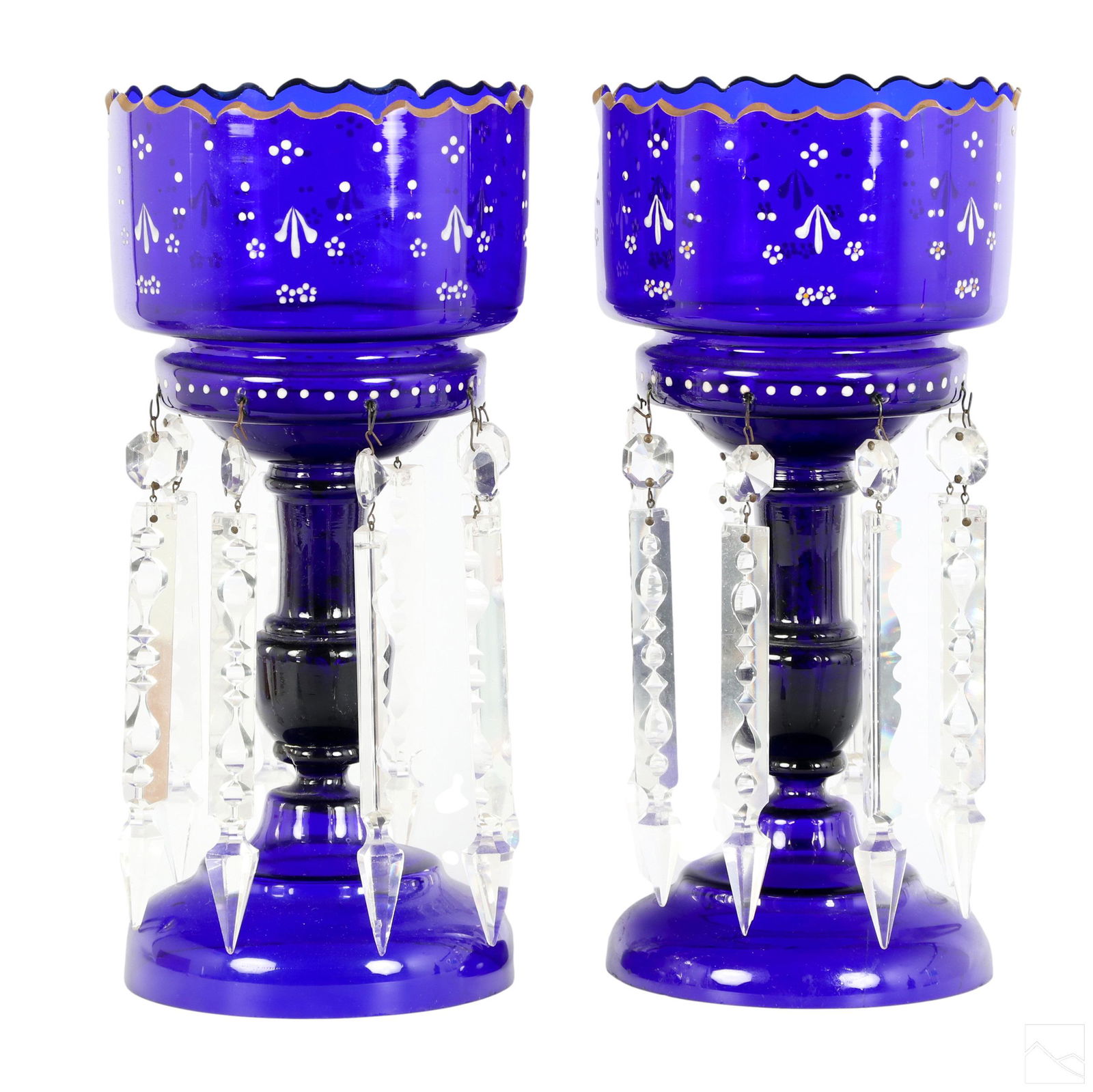 Bohemian Czech Art Glass Gilded Cobalt Lusters SET: A pair of Bohemian Czech art glass lusters with long prisms. Striking cobalt blue bodies hand decorated with applied white dots and gilding to scalloped edge tops. Encircled by eight (8) long crystal