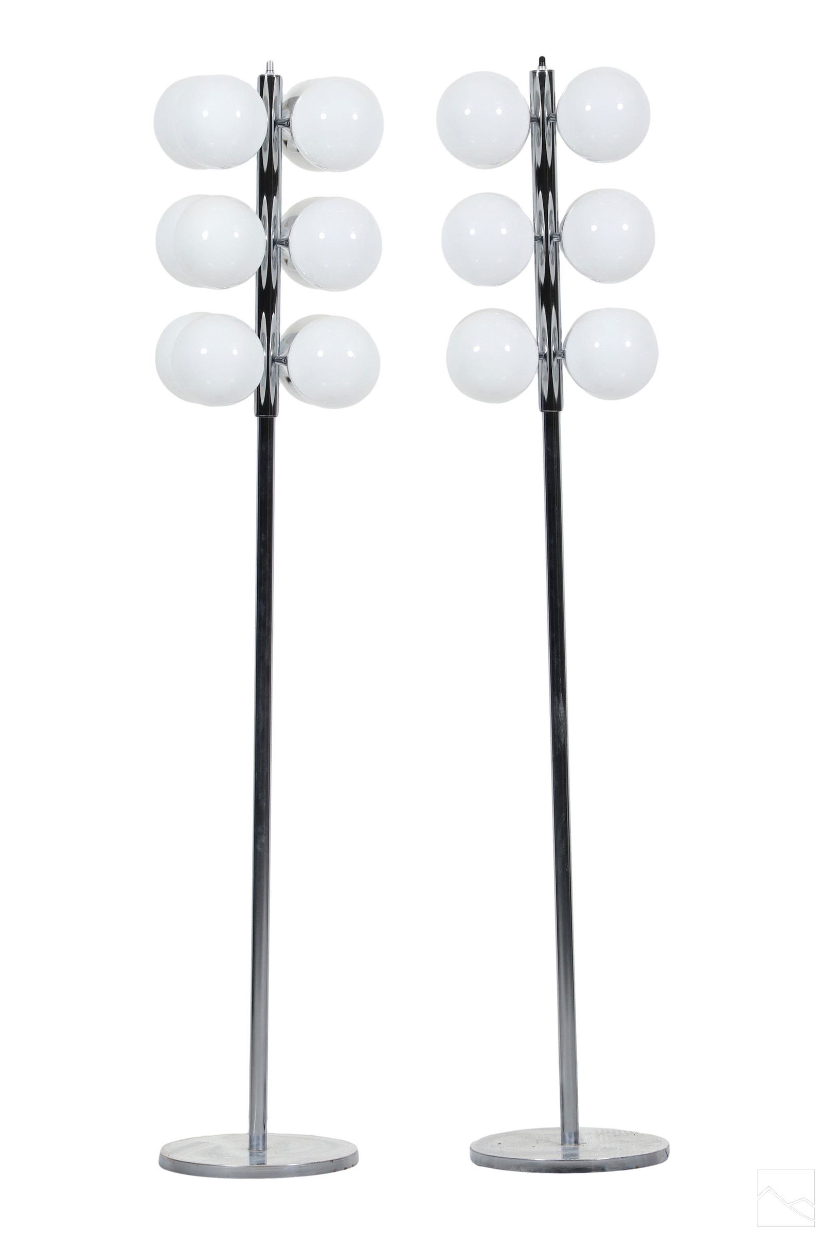 Lightolier Mid Century Modern Globe Floor Lamps: A pair of Modernist floor lamps from Lightolier (New York). Chrome, glass, stainless steel, and other elements. A Minimalist Space Age design inspired by Pop Art. Each having three rows of four froste