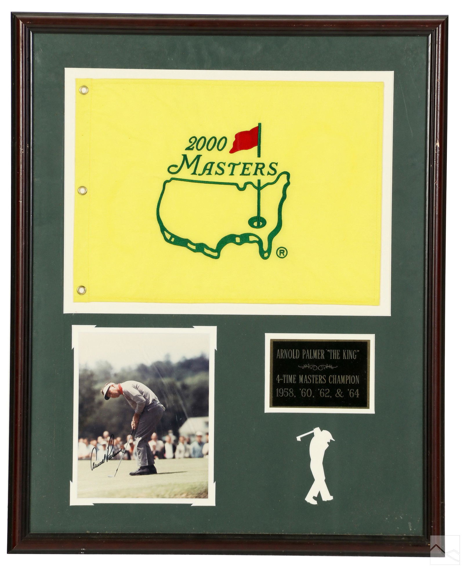 Arnold Palmer SIGNED Autograph & PGA Masters Flag: An autograph signature by Arnold Palmer (1929-2016), professional golfer, winner of 62 PGA Tour titles, an original World Golf Hall of Fame inductee (1974), and widely considered to be the first super