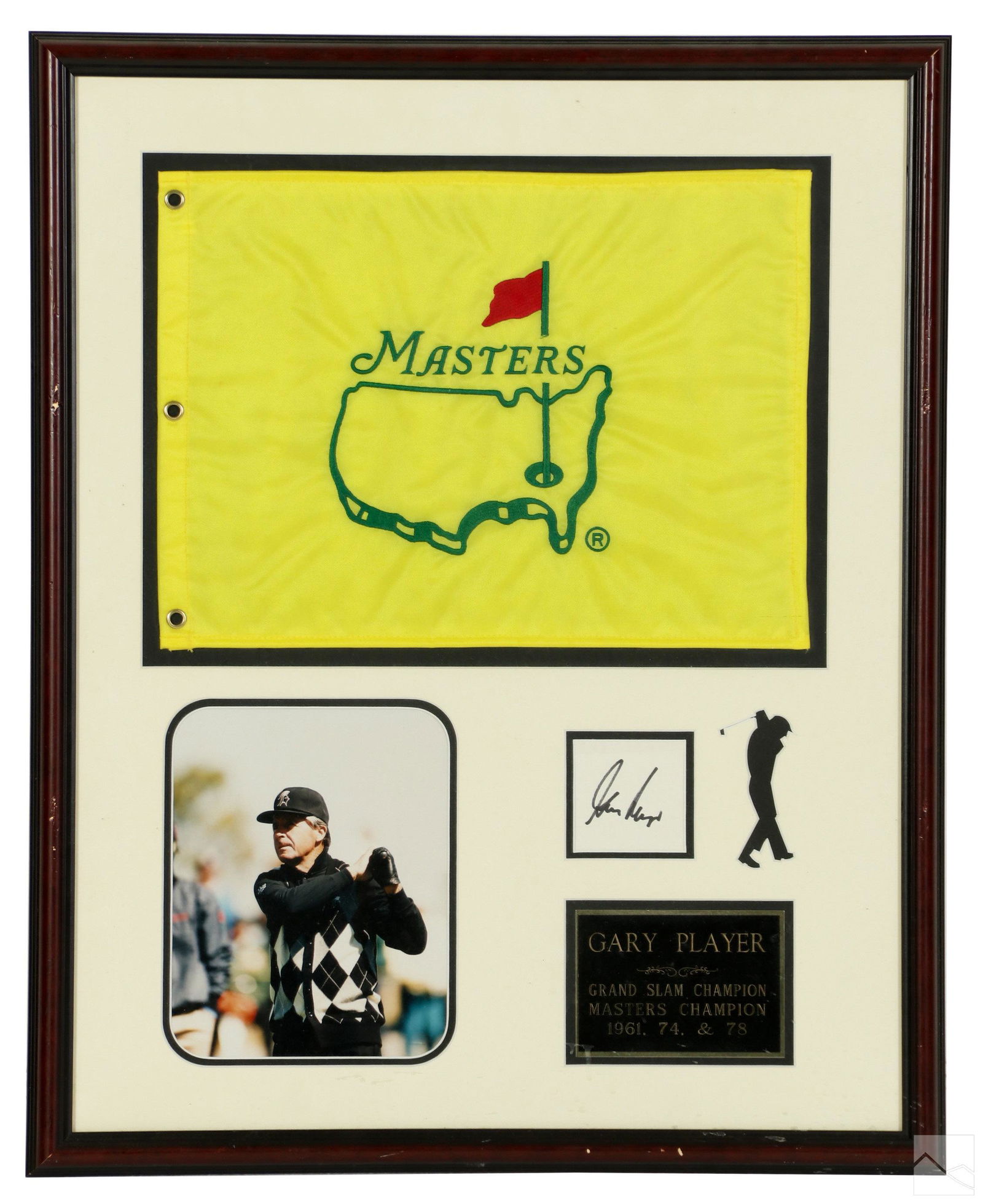 Gary Player SIGNED Autograph and PGA Masters Flag: An autograph signature by Gary Player (born 1935), retired professional golfer, winner of over 150 professional tournaments, an original World Golf Hall of Fame inductee (1974), and widely considered