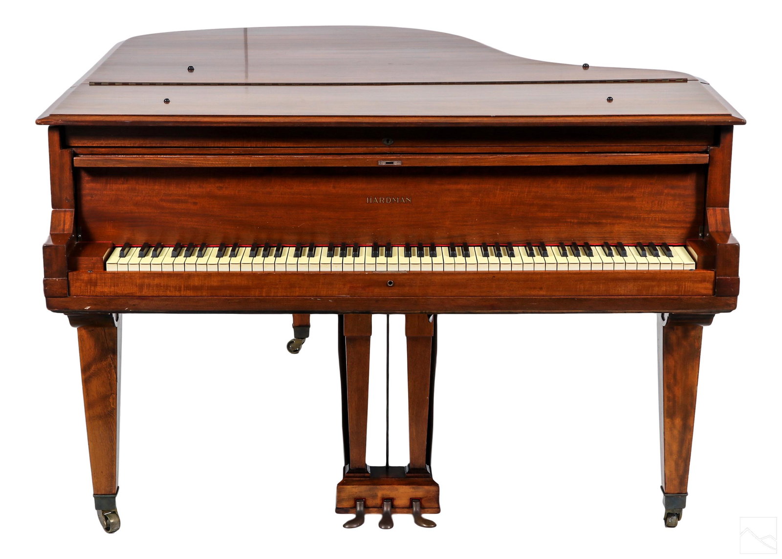Hardman Peck Antique Walnut Wood Baby Grand Piano: An antique walnut baby grand piano by Hardman Peck & Co. (New York). Features a brown walnut case over tapered legs terminating in block feet and mounted with castors. Dimensions: 39 X 69 X 58 in. Con