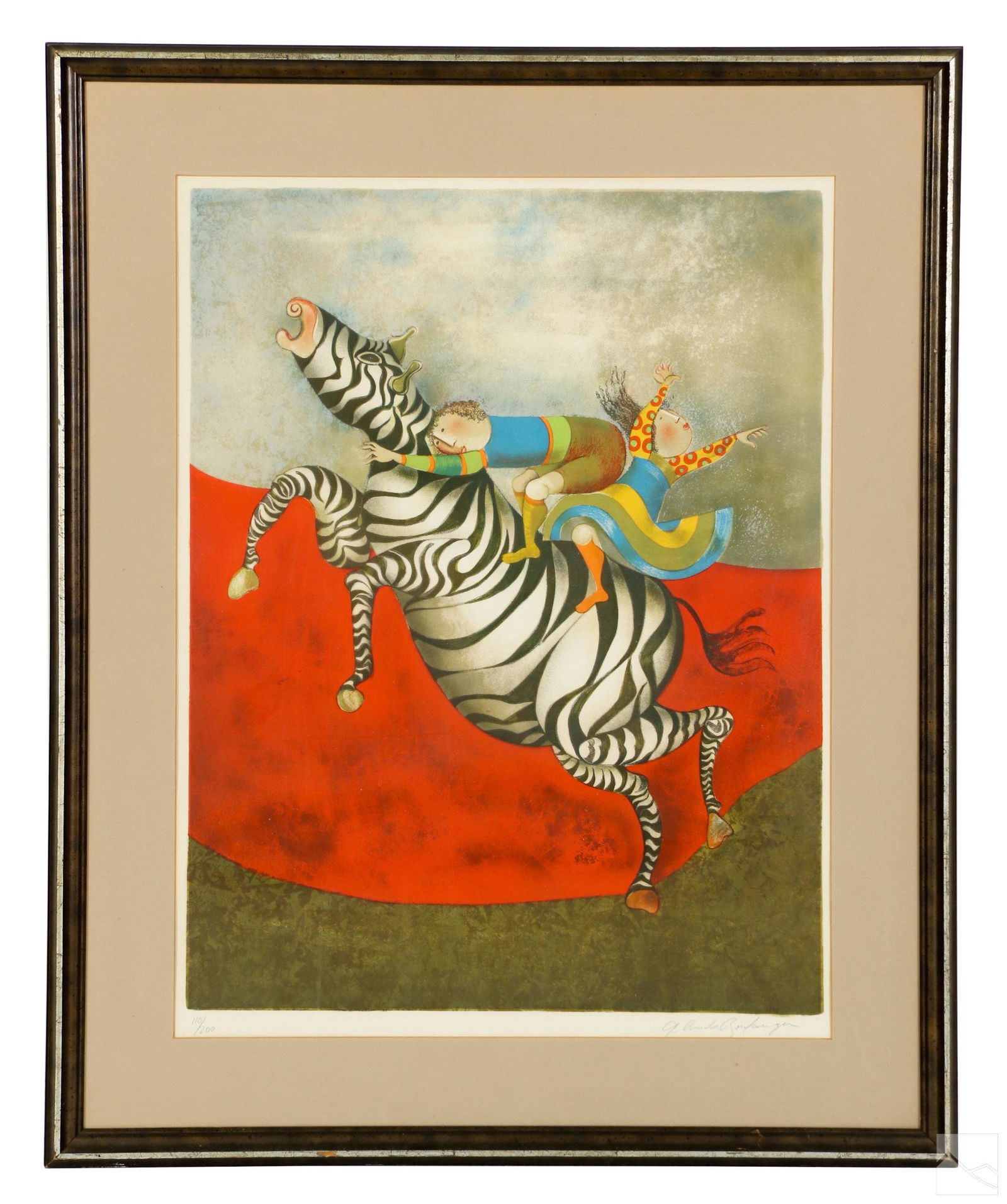 Graciela R. Boulanger b.1935 Abstract Litho SIGNED: Graciela Rodo Boulanger (French, born 1935). A limited edition screenprint lithograph on Arches paper. Titled, "Drole D'Zebra" ("Funny Zebra.") An abstract figural work depicting circus performer ride