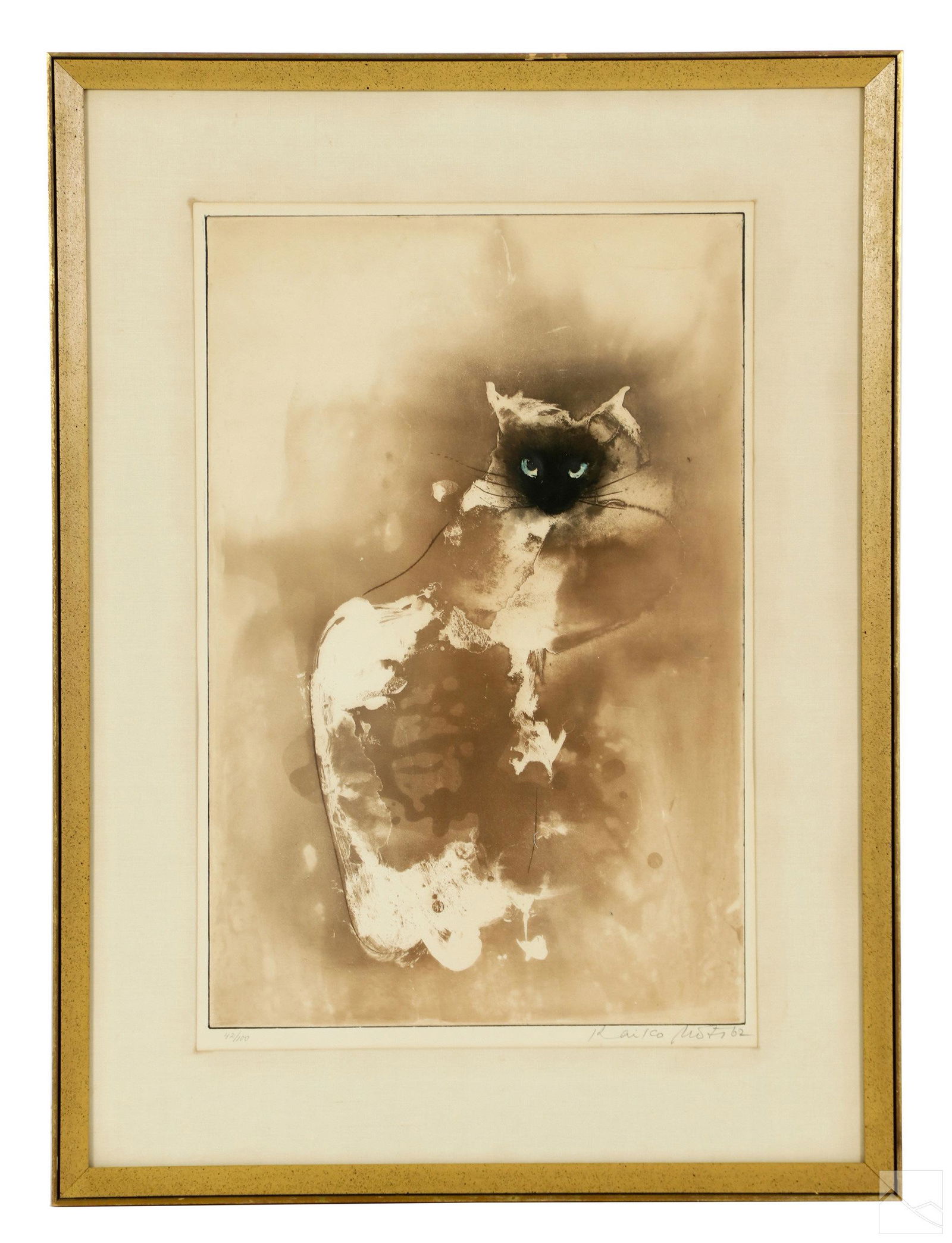 Kaiko Moti 1921-1989 Siamese Cat Lithograph SIGNED: Kaiko Moti (Indian, 1921-1989). A limited edition cat lithograph. An abstract work depicting a blue eyed Siamese cat feline on a background of white and browns. Signed and dated to lower right KAKIKO