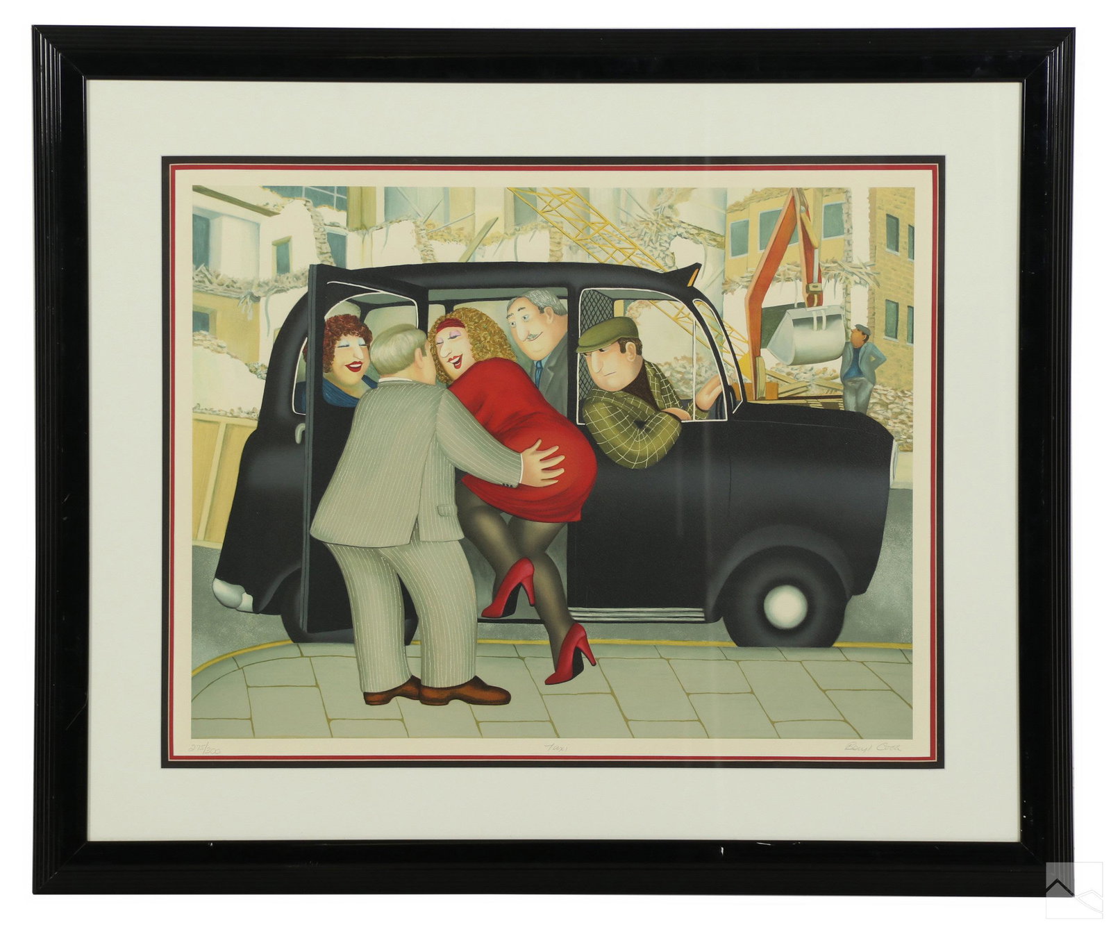 Beryl Cook 1926-2008 TAXI Silkscreen Litho SIGNED: Beryl Cook, OBE (English, 1926-2008). A signed and numbered limited edition silkscreen lithograph on paper. Titled, "Taxi," produced 1988. A figural city landscape work produced in a whimsical style w