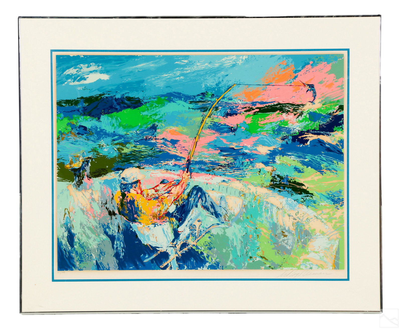 LeRoy Neiman 1921-2012 FISHING LE Serigraph SIGNED: LeRoy Neiman (American, 1921-2012). A limited edition art serigraph on paper. Titled, "Marlin Fishing," produced 1977. An abstract sports themed figurative work with fishermen figures on a boat, large