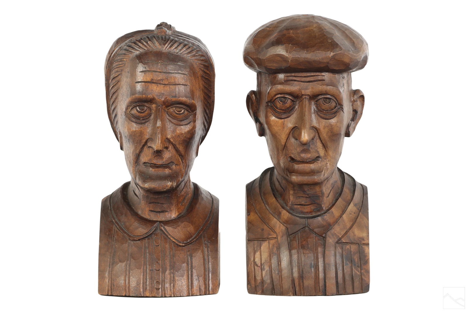 Italian Old World Figural Lovers Wooden Bookends: A pair of dark wood carved bookends depicting the sculptural busts of mature couple costumed in Old World dress. Both having detailed hair, eyes and facial features. The female is wearing a bonnet and