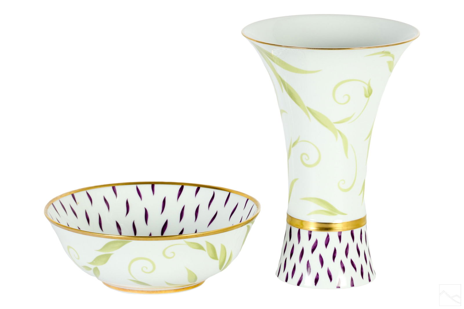 Bernardaud Limoges Porcelain Frivole Bowl and Vase: A Limoges French porcelain bowl and matching vase produced by Bernardaud in the Frivole pattern. Glazed white background with sprinkled floral petals and curling foliage. Gold rim on bowl. Measures Go