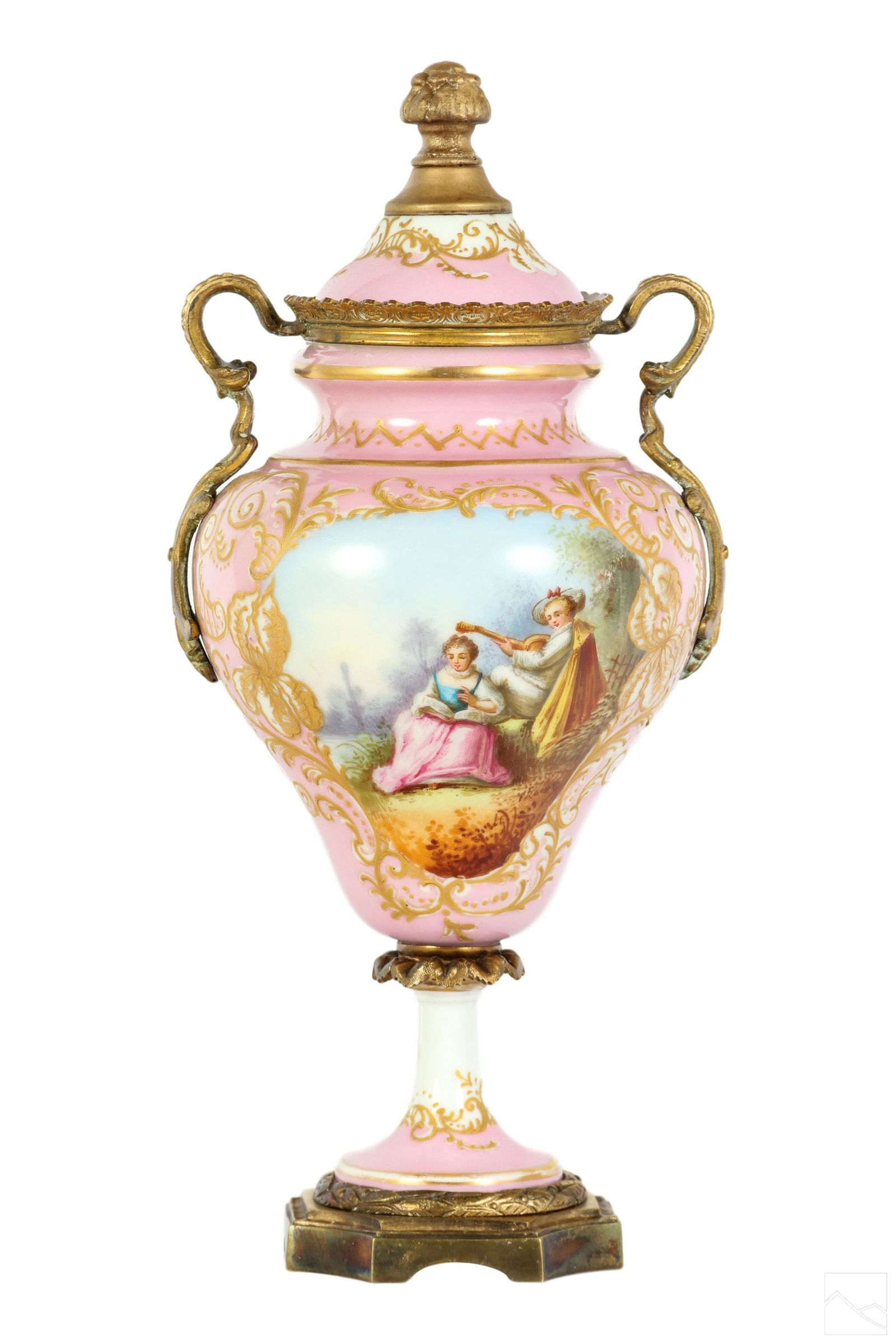 Sevres Style French Porcelain Figural Lidded Urn: A Sevres style French porcelain champleve urn vase. Produced circa 1900. Baluster form porcelain body hand painted in a delicate colorway of pink, blue, lavender purple, and other pastel shades with e