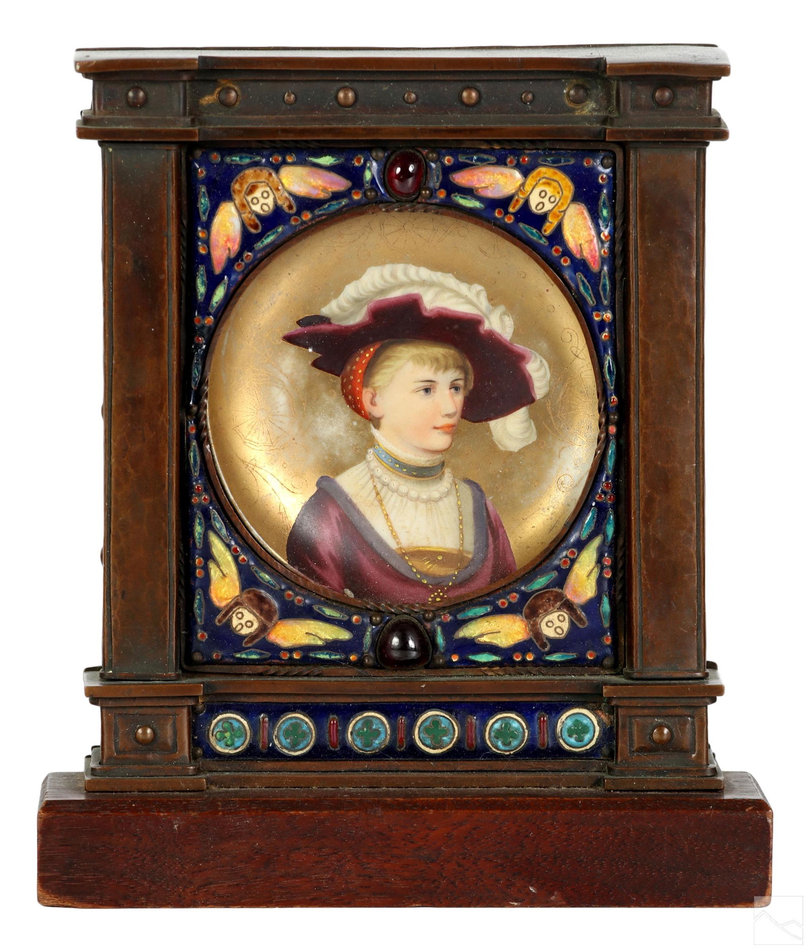 KPM Style German Porcelain Figural Portrait Plate: An antique 19th Century, or possibly earlier, KPM style German porcelain portrait plate. A Renaissance style figural work depicting a young figure in colorful burgundy costume and hat with an enormous