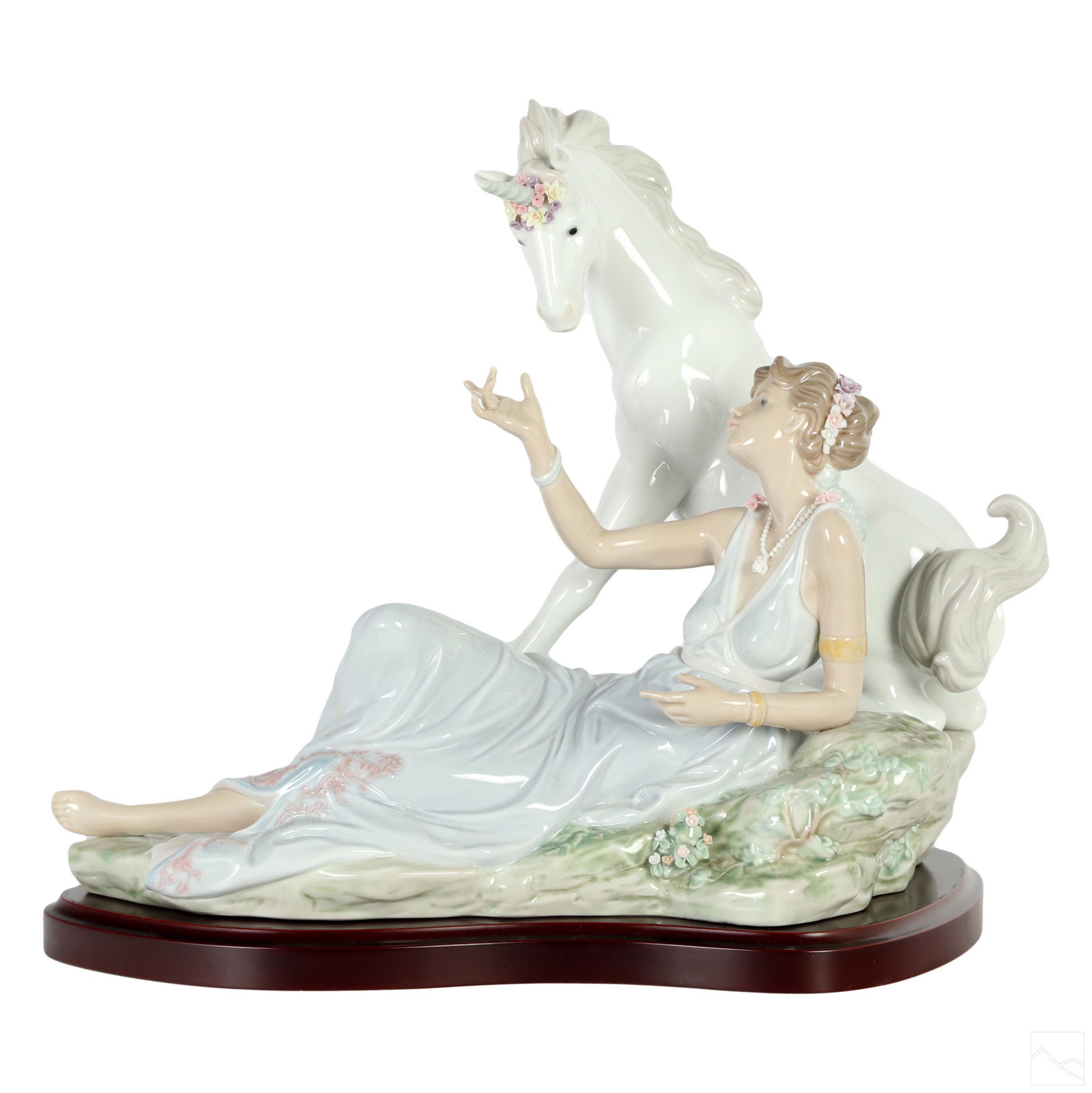 Lladro Spanish Porcelain GODDESS & UNICORN Statue: A Lladro Spanish porcelain figurine. Titled, "The Goddess and the Unicorn," model number 6007. Designed by artist Joan Coderch, produced circa 1995. A figural group depicting a Neoclassical style recu