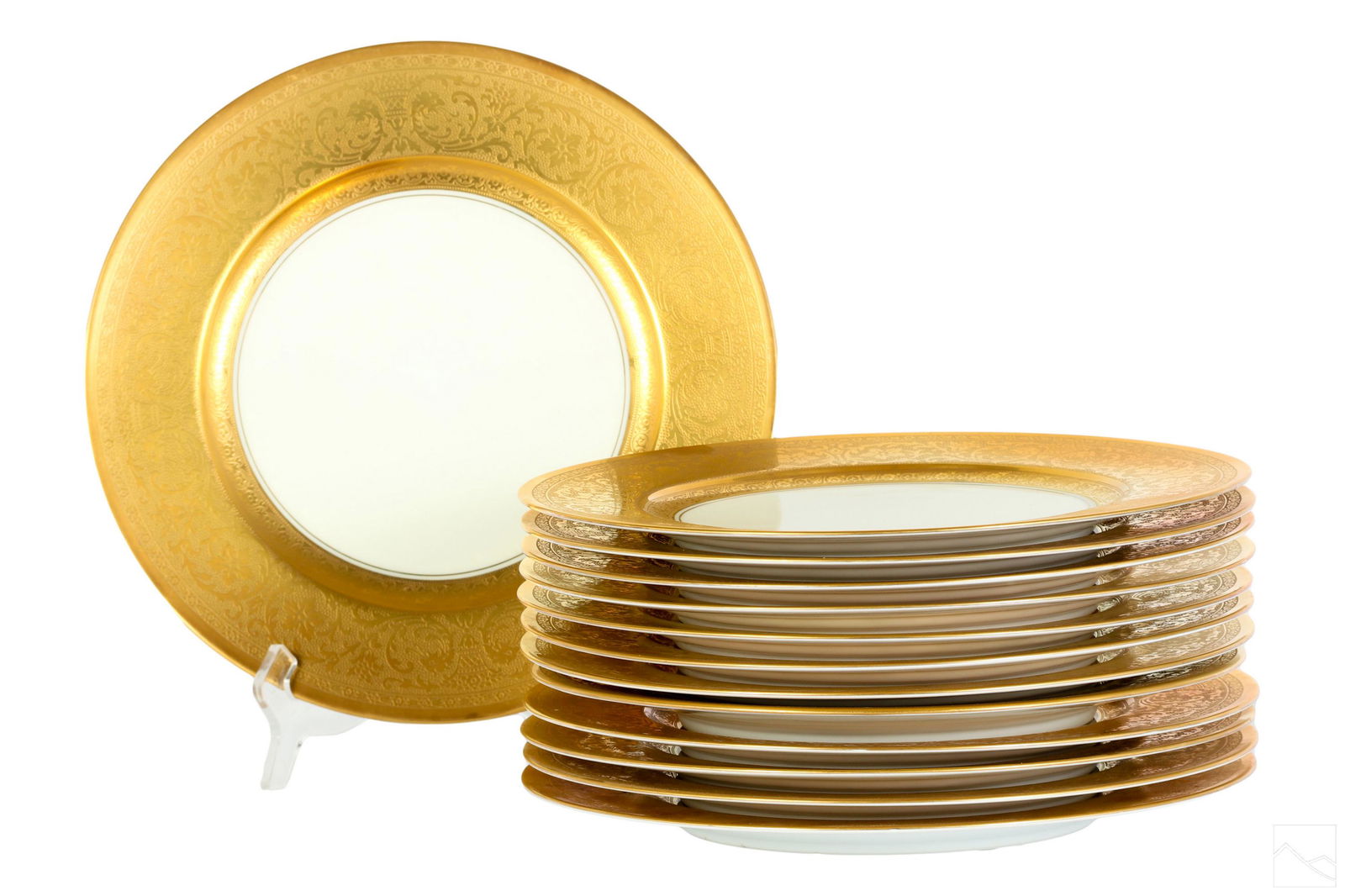 Edgerton Bone China Gold Bullion Dinner Plates SET: A set of 13 Edgerton American bone china porcelain large dinner plates in the E124 pattern. Cream ground body with heavy gold bullion embellishments to edge in elegant raised scrolling, floral, urns,